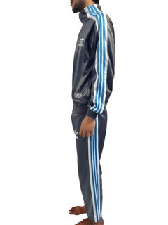 1980S Adidas Grey & Blue Polyester Stretchy Rare Chile 62' Pant Suit