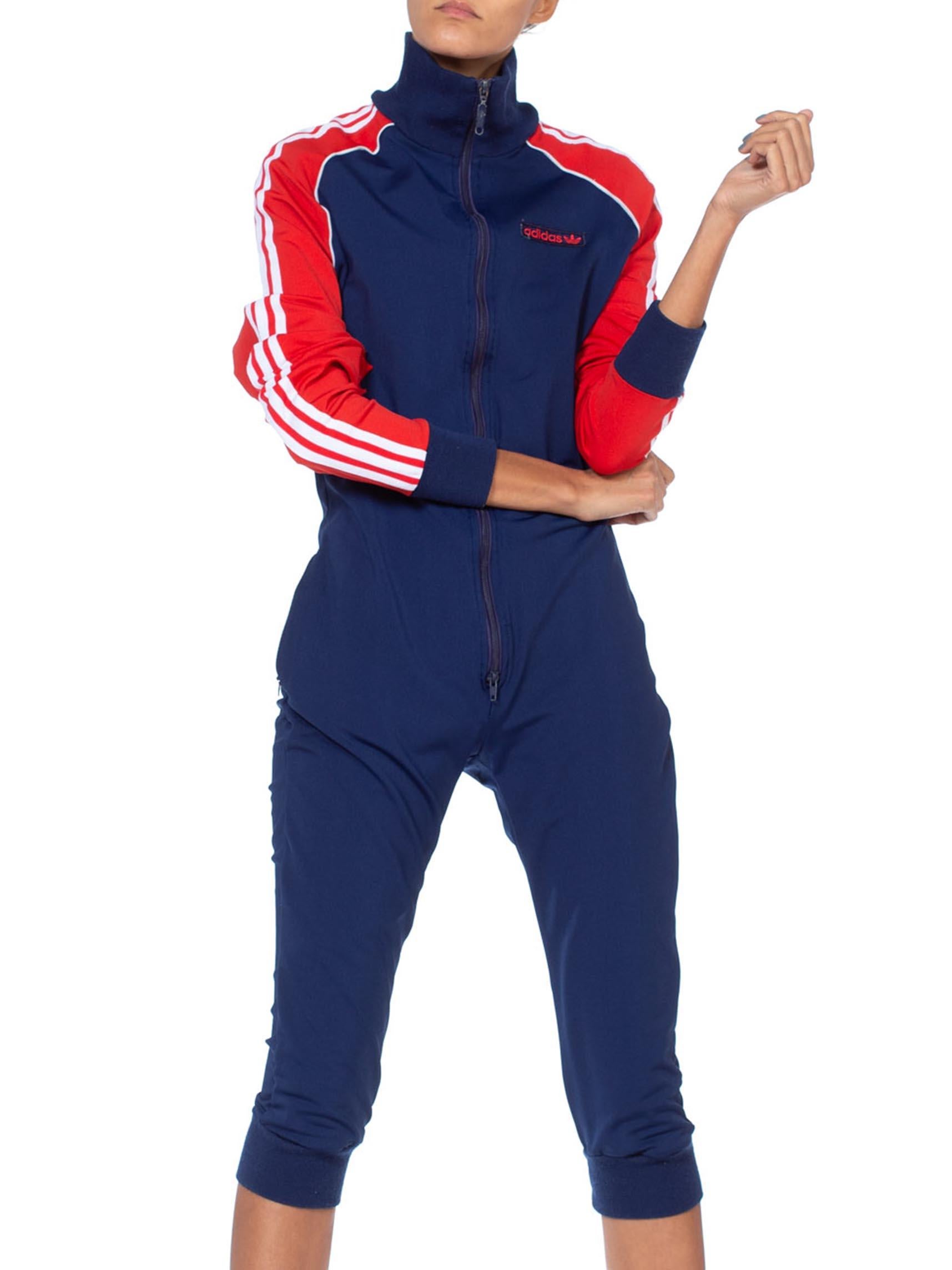 Purple 1980S ADIDAS Red White & Blue Polyester Track Ski Jumpsuit