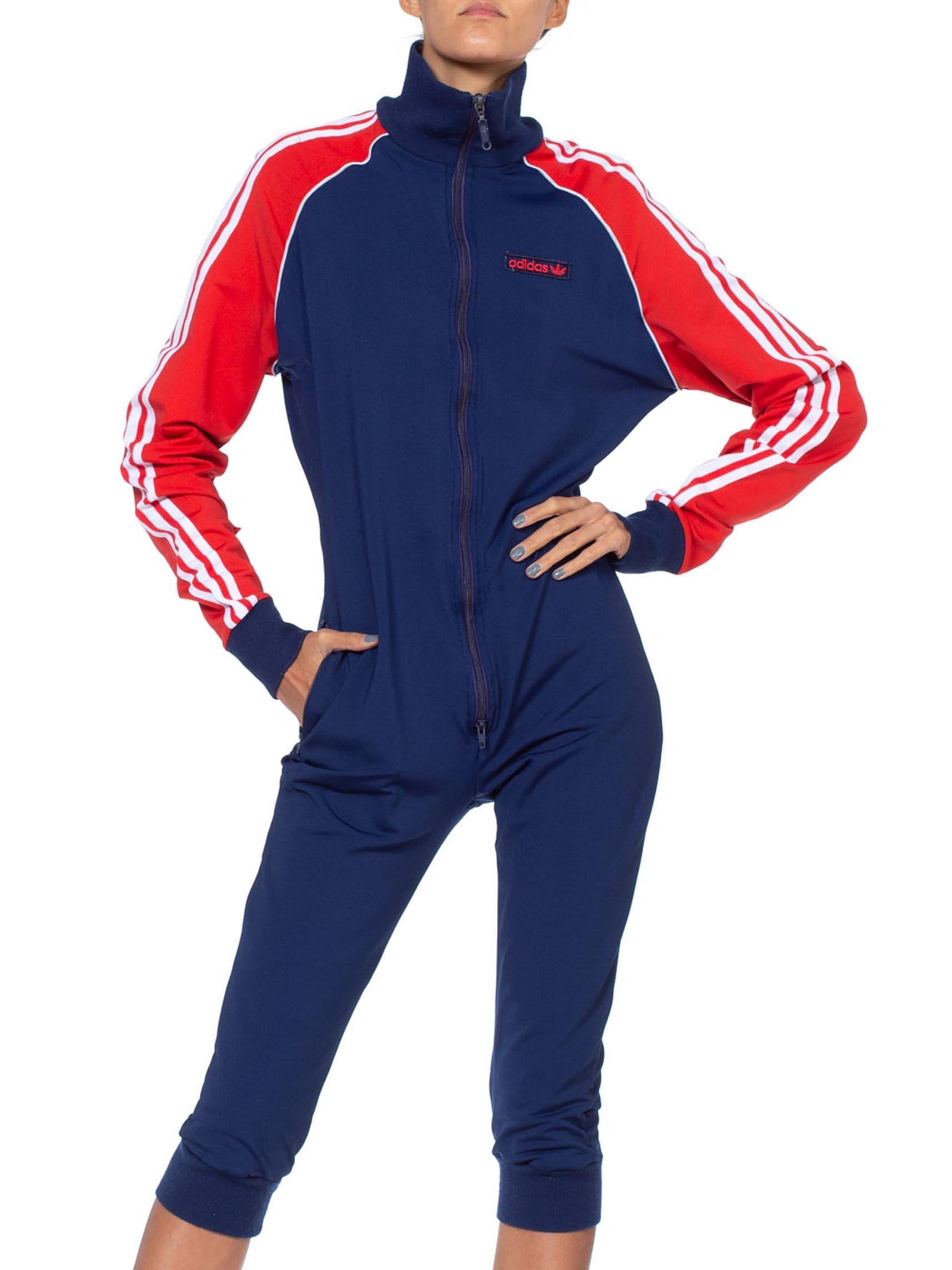 Women's or Men's 1980S ADIDAS Red White & Blue Polyester Track Ski Jumpsuit
