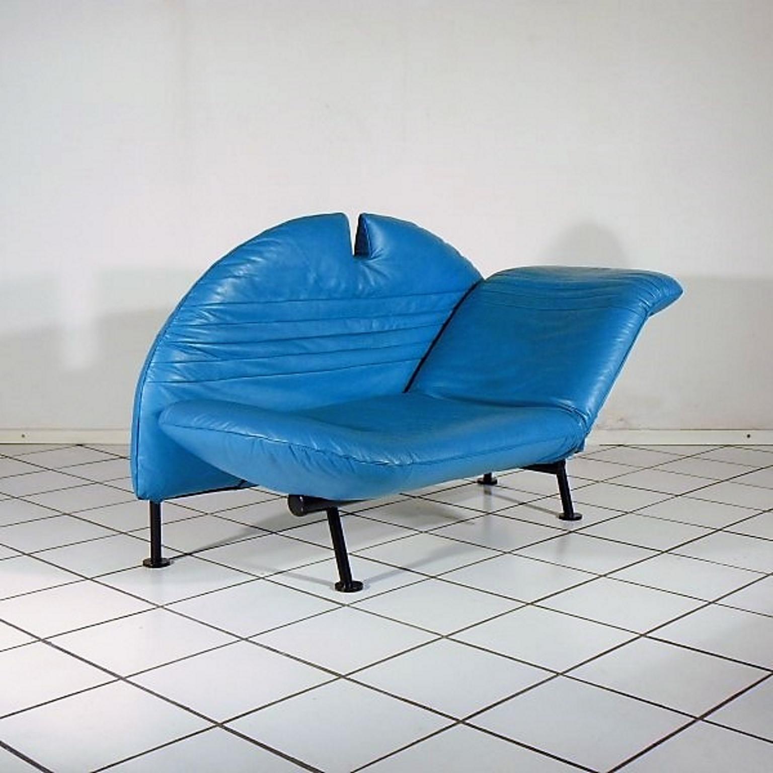 1980s Adjustable Loveseat Turquoise Leather by Walter Leeman for Sormani, Italy For Sale 1
