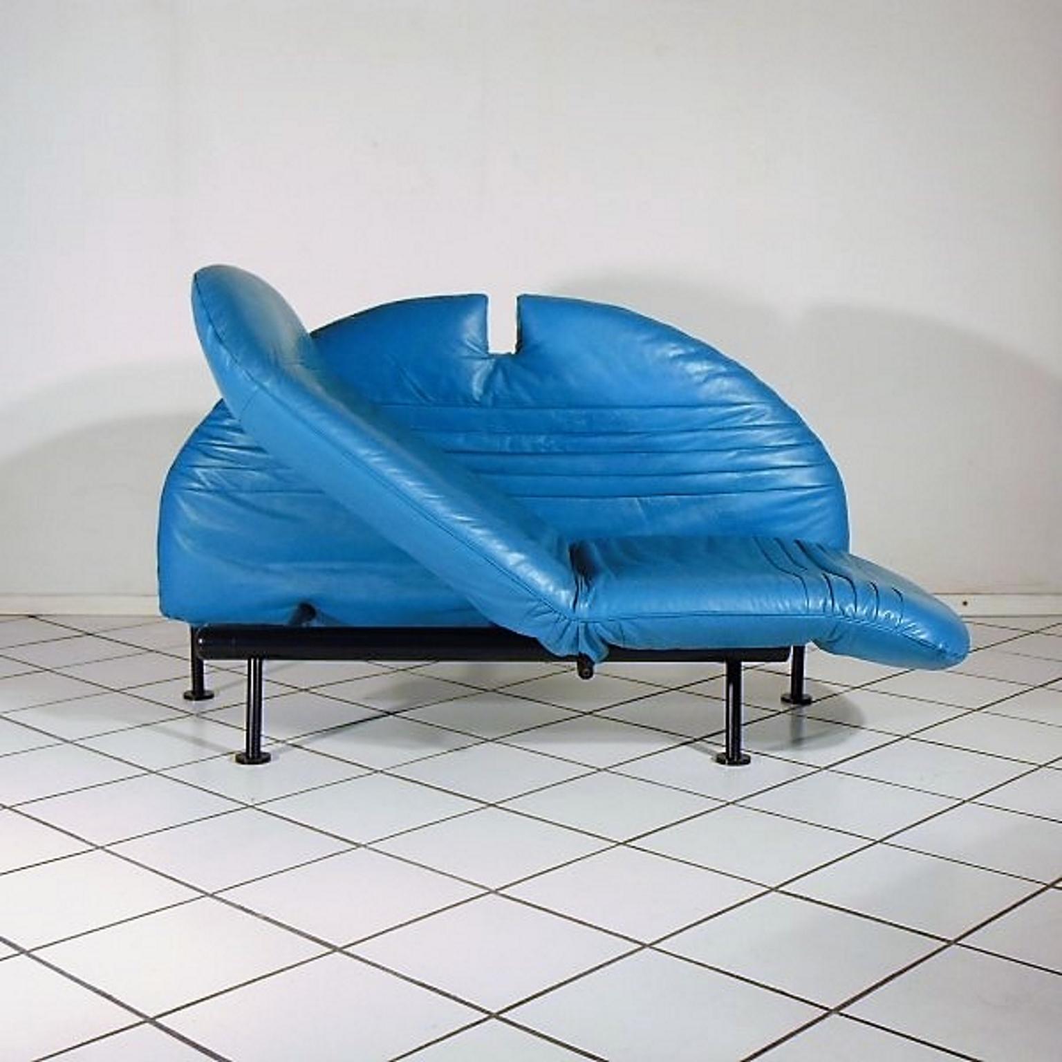 1980s Adjustable Loveseat Turquoise Leather by Walter Leeman for Sormani, Italy In Good Condition For Sale In Arosio, IT