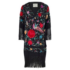 1980s Adolfo Black Embroidered Piano Shawl Dress