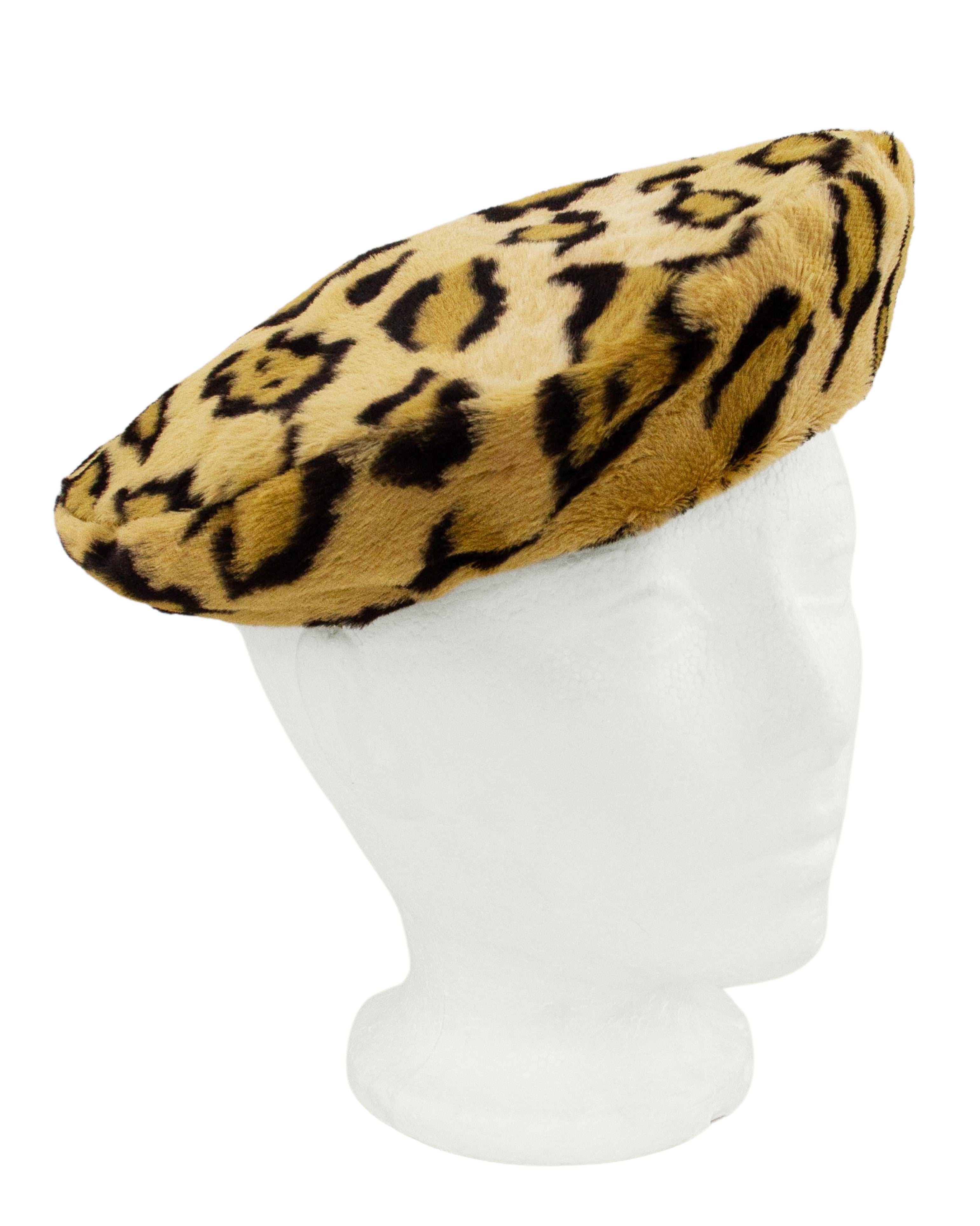 Beige 1980's Adolfo Faux Leopard Felt Beret Style Hat For Sale