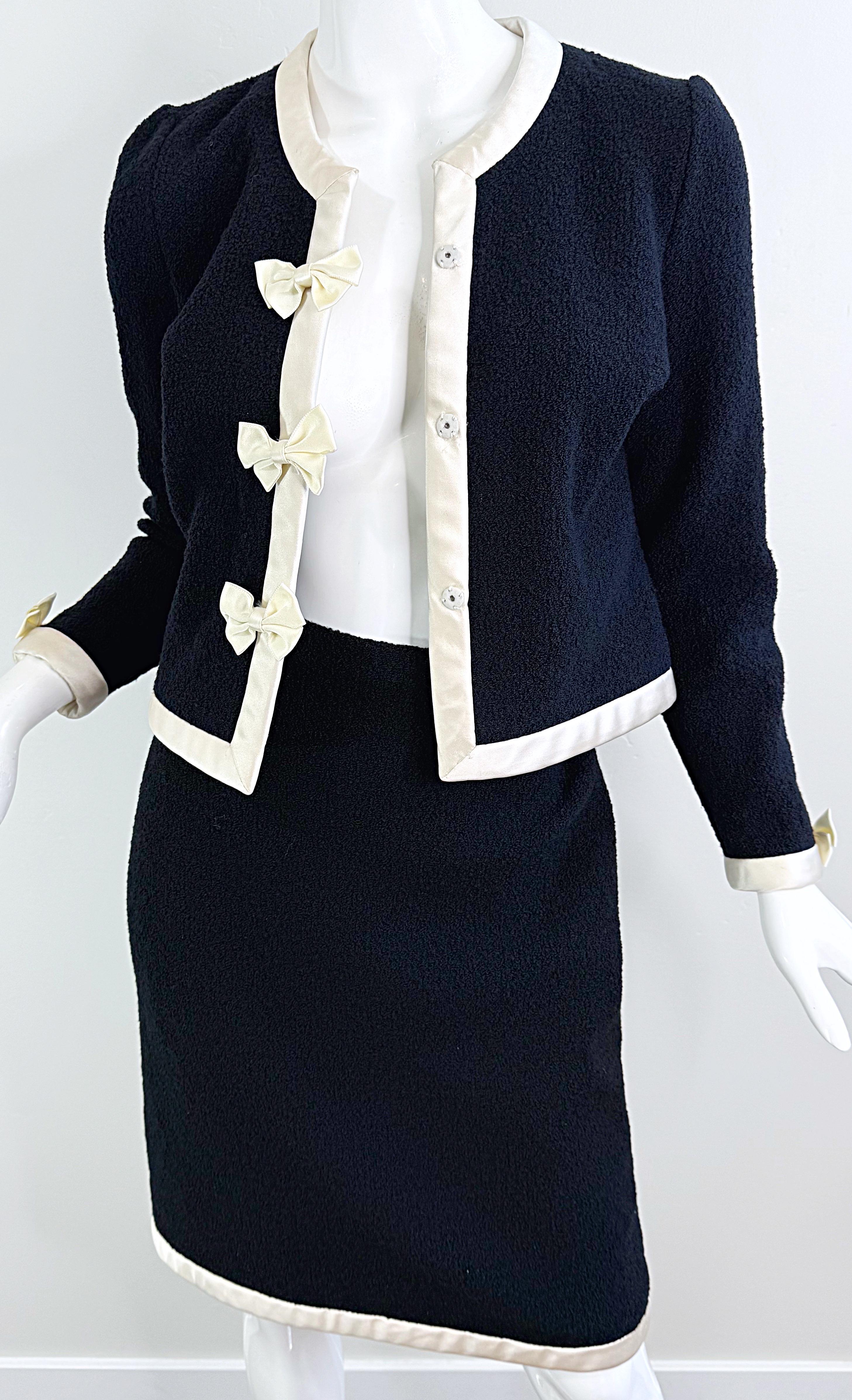1980s Adolfo for Saks 5th Avenue Black and White Vintage 80s Skirt Suit Bows For Sale 6