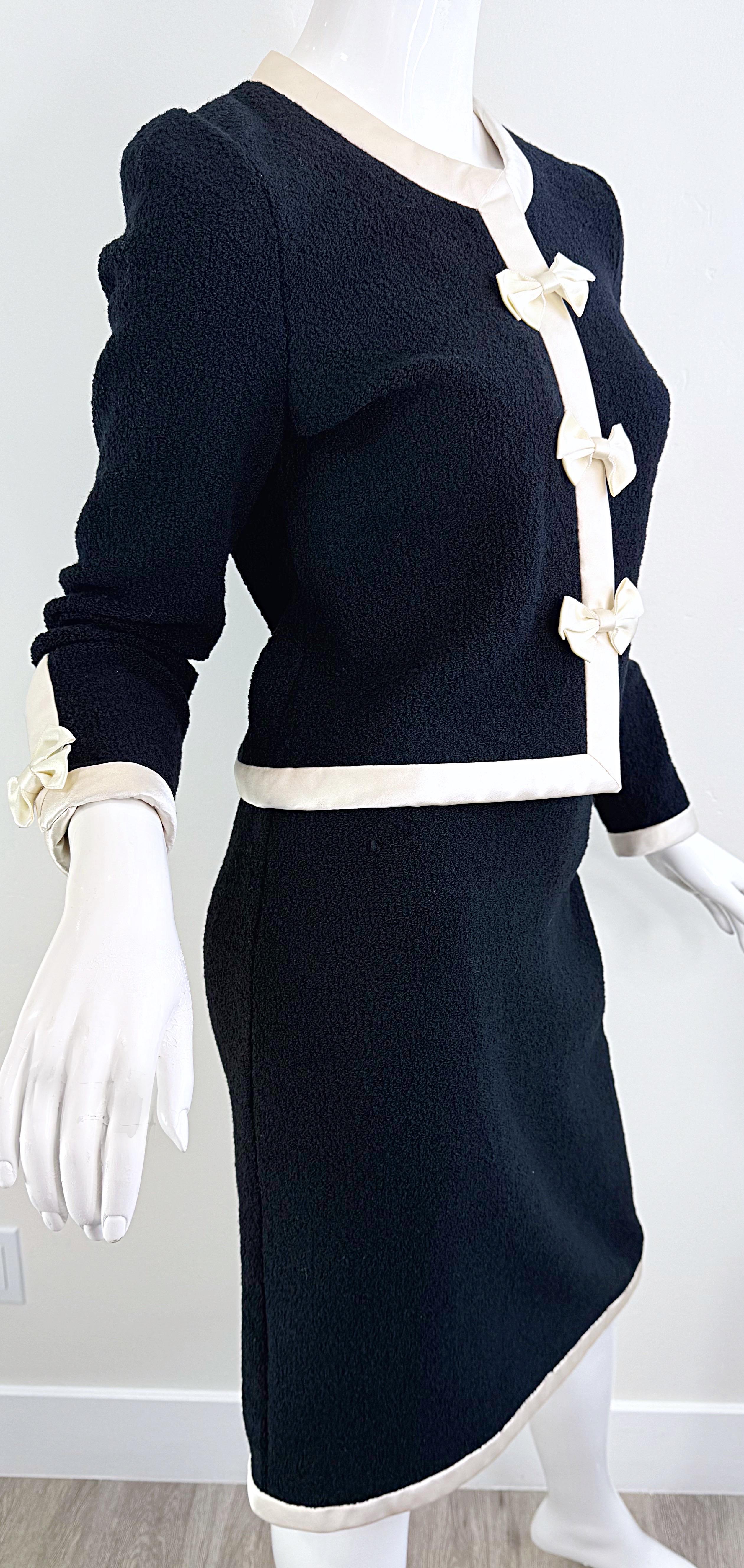 1980s Adolfo for Saks 5th Avenue Black and White Vintage 80s Skirt Suit Bows For Sale 9