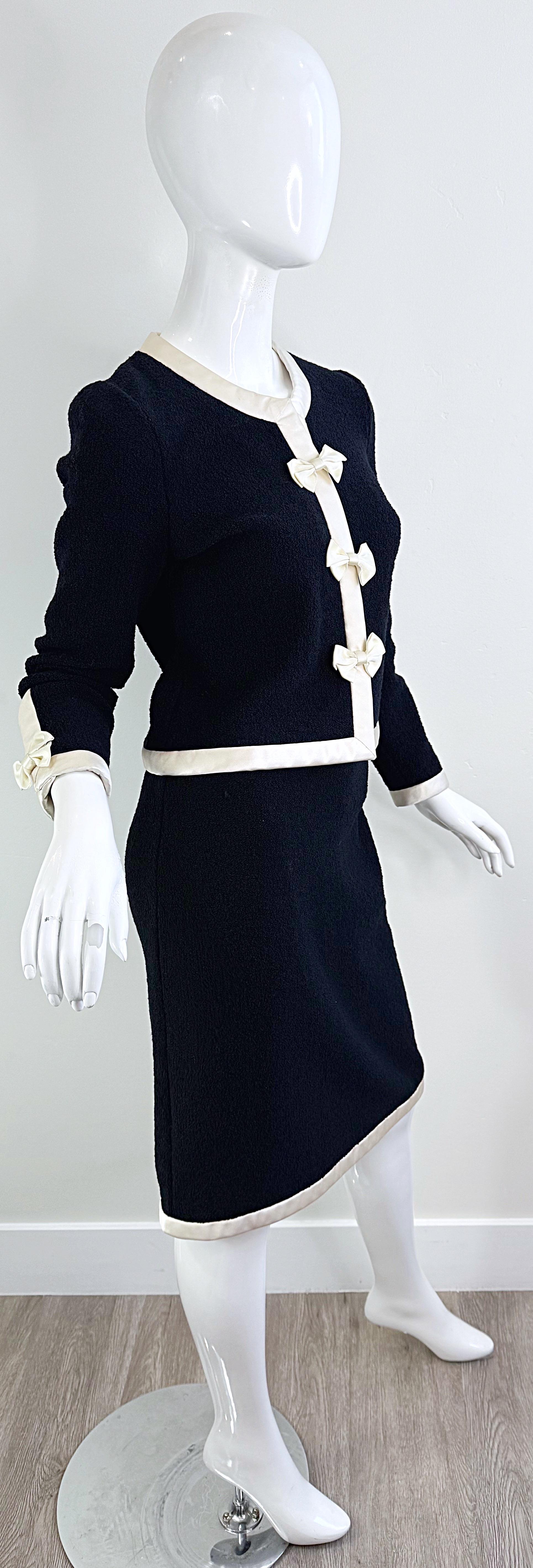 1980s Adolfo for Saks 5th Avenue Black and White Vintage 80s Skirt Suit Bows For Sale 1