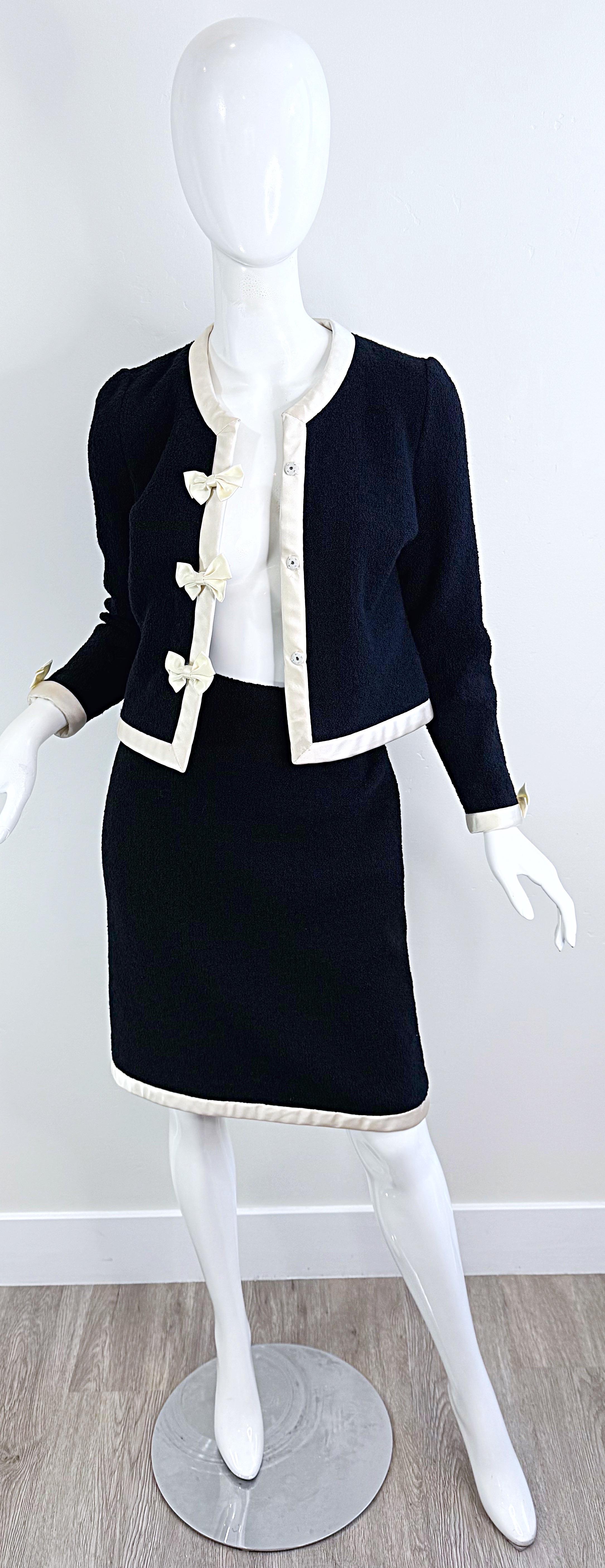 1980s Adolfo for Saks 5th Avenue Black and White Vintage 80s Skirt Suit Bows For Sale 2