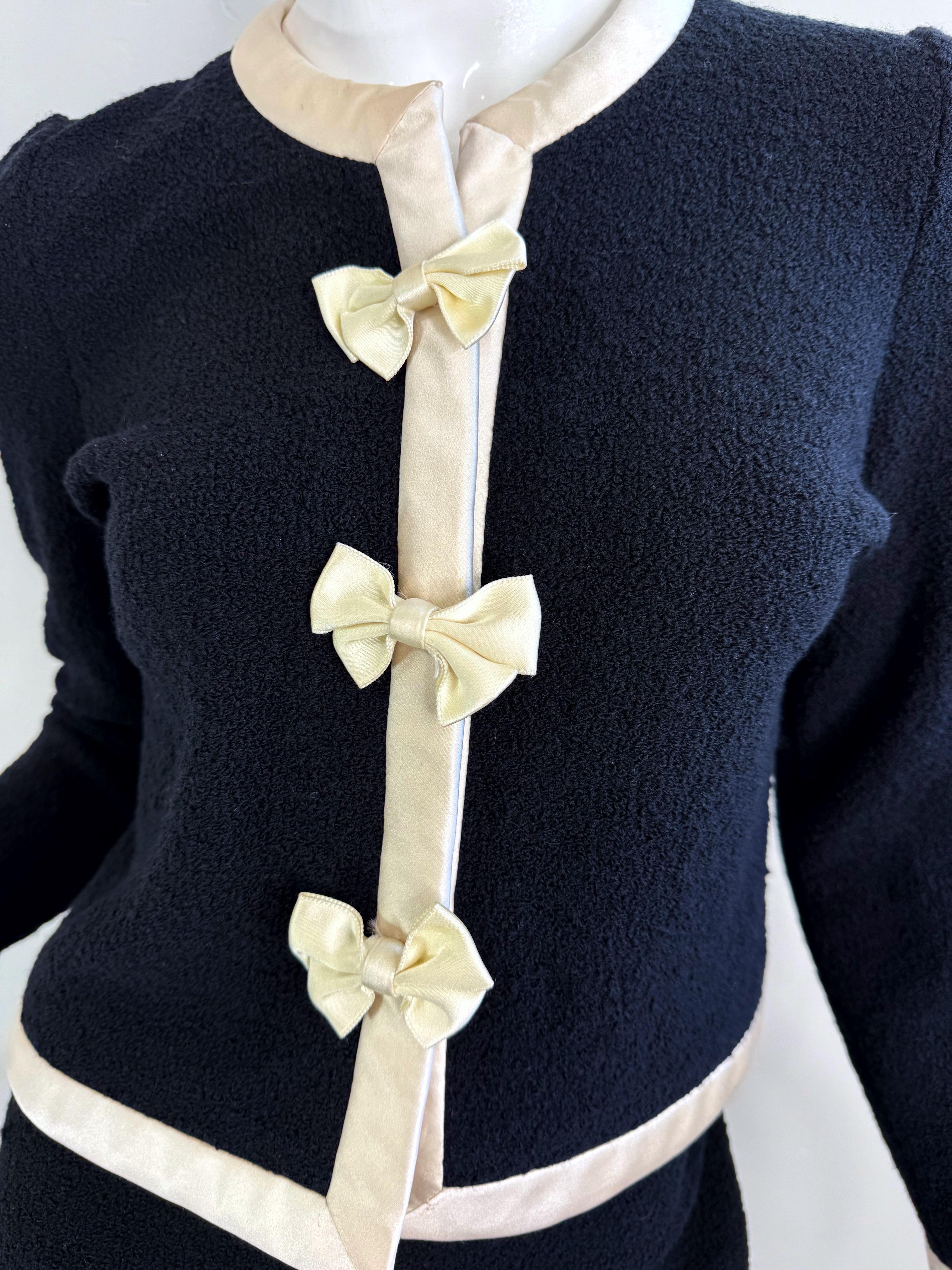 1980s Adolfo for Saks 5th Avenue Black and White Vintage 80s Skirt Suit Bows For Sale 3
