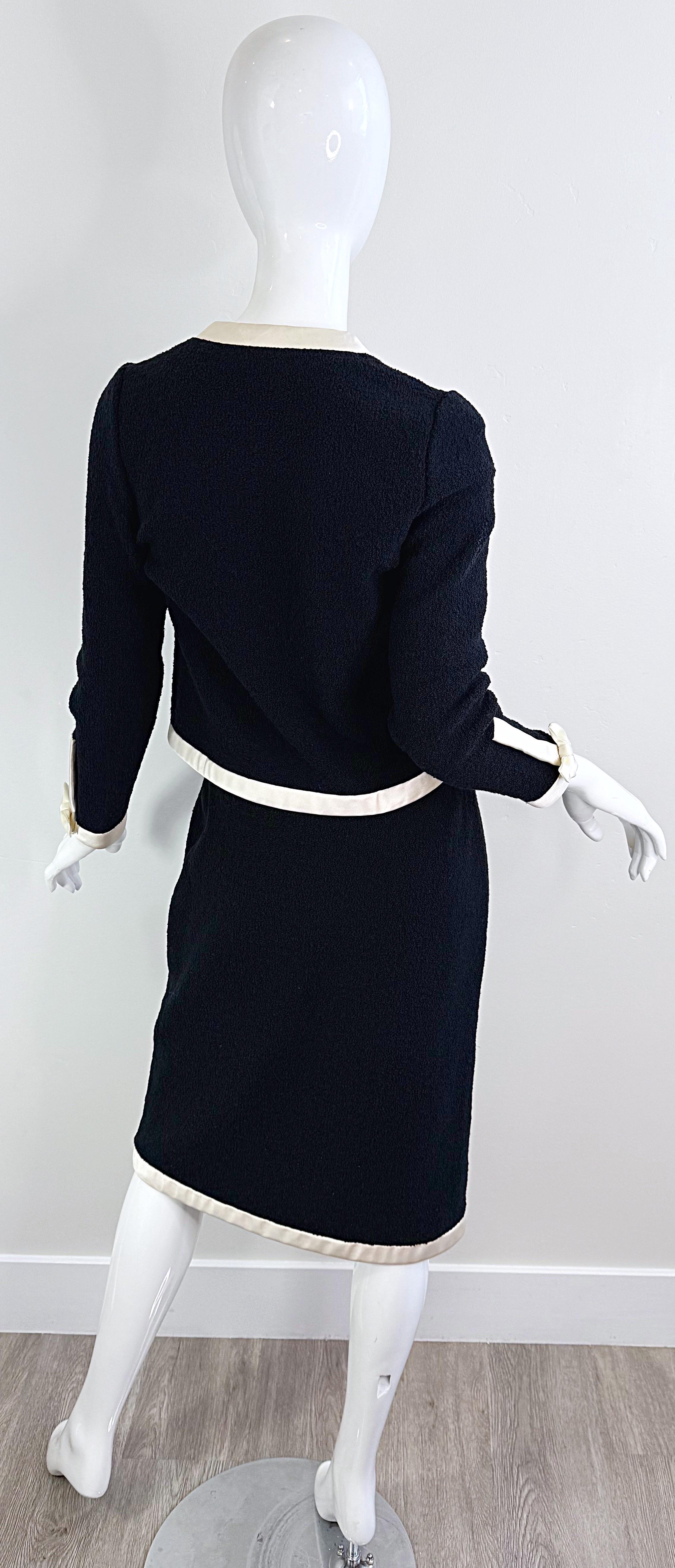 1980s Adolfo for Saks 5th Avenue Black and White Vintage 80s Skirt Suit Bows For Sale 5