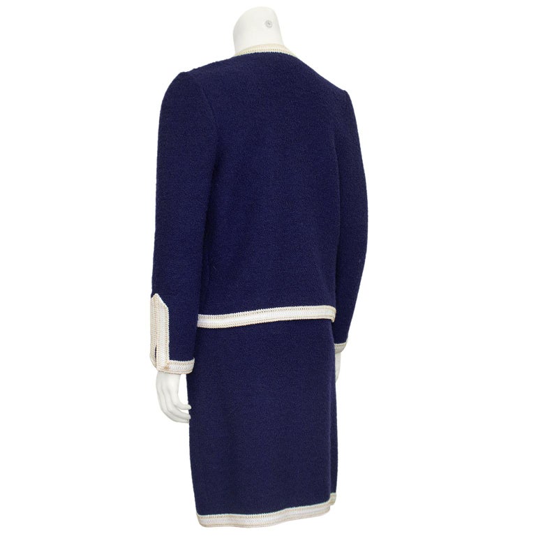Black 1980s Adolfo Navy Blue and White Knit Skirt Suit  For Sale