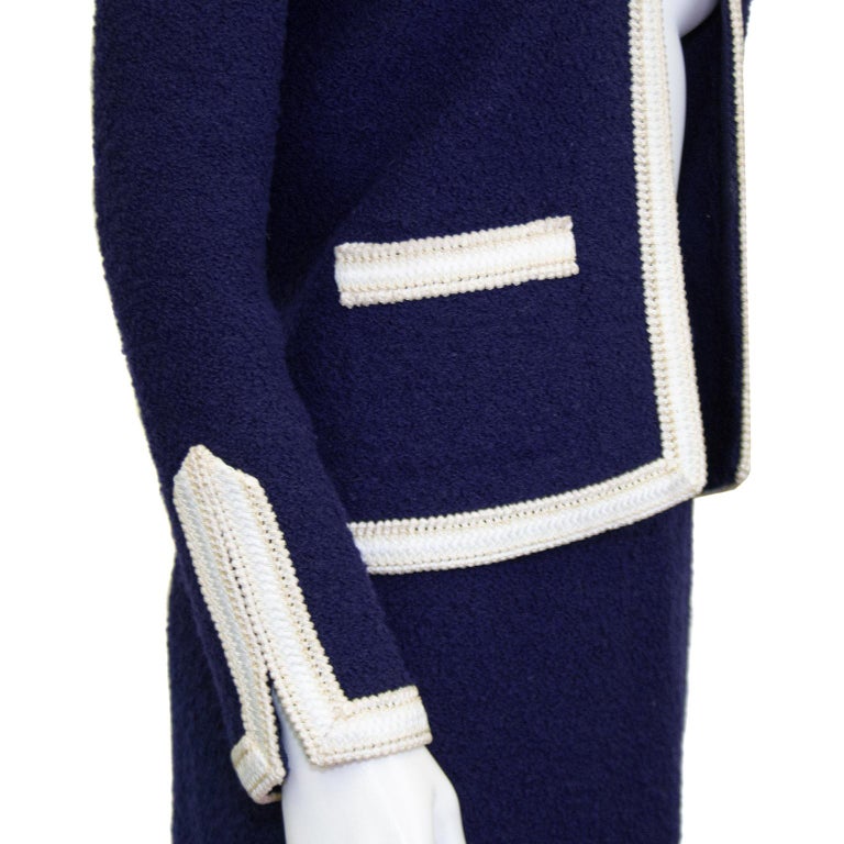 Women's 1980s Adolfo Navy Blue and White Knit Skirt Suit  For Sale