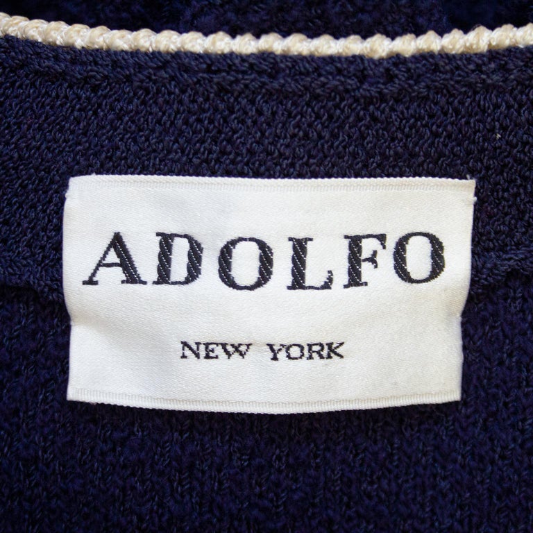 1980s Adolfo Navy Blue and White Knit Skirt Suit  For Sale 1