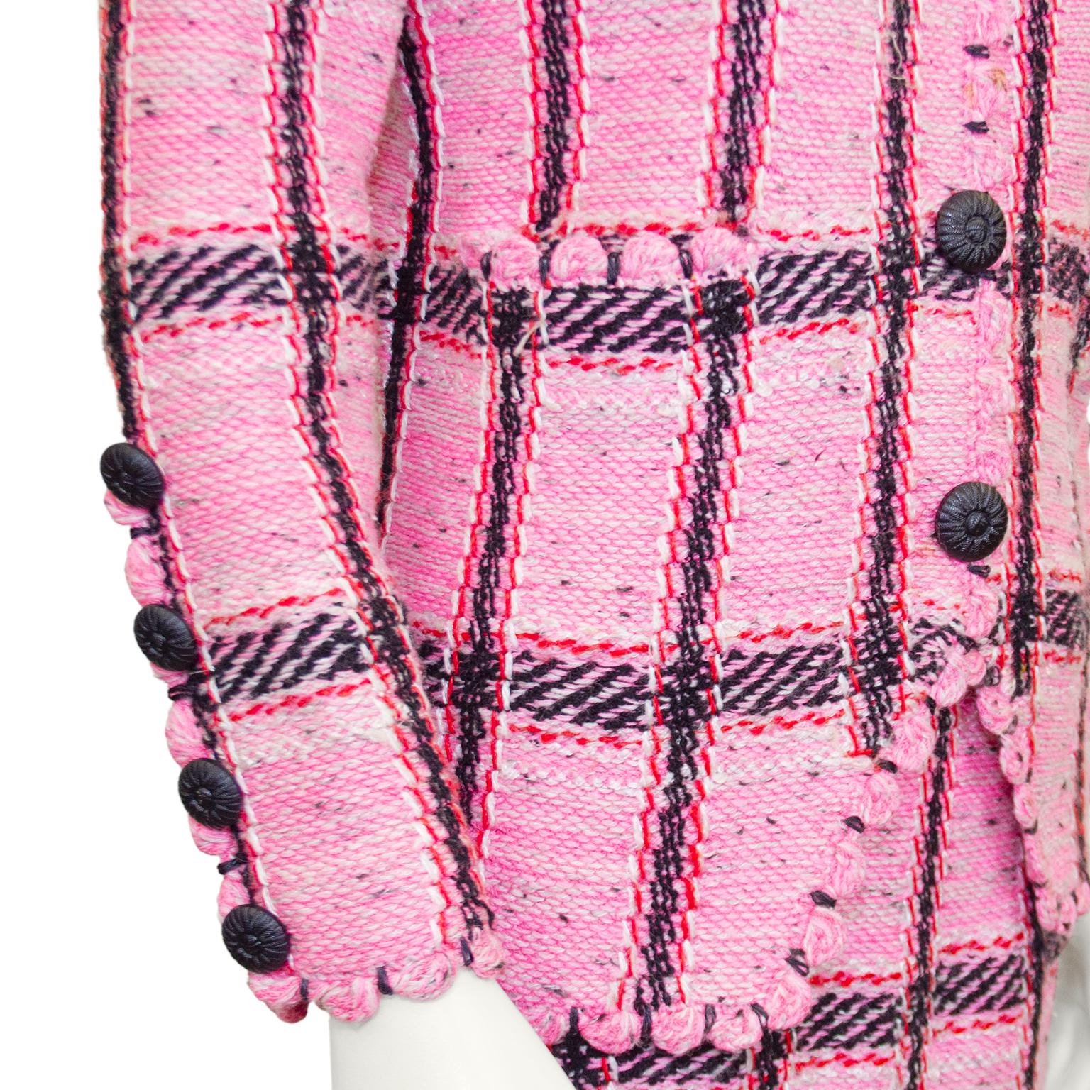 1980s Adolfo Pink Plaid Knit Skirt Suit  In Good Condition In Toronto, Ontario