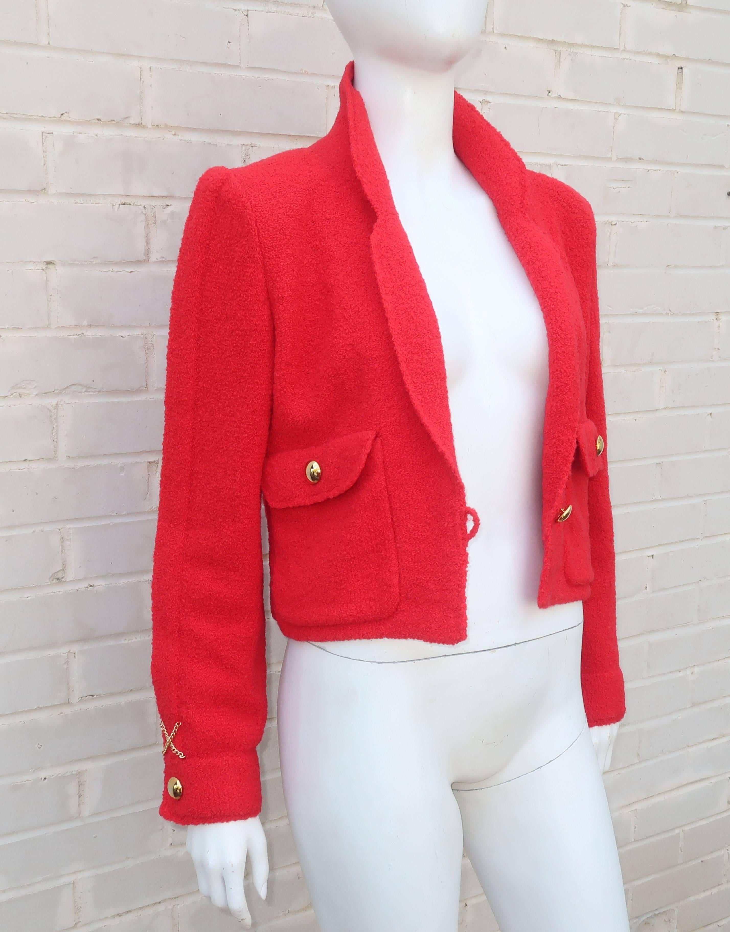 Adolfo Red Boucle Knit Skirt Suit With Chain Details, 1980s 5