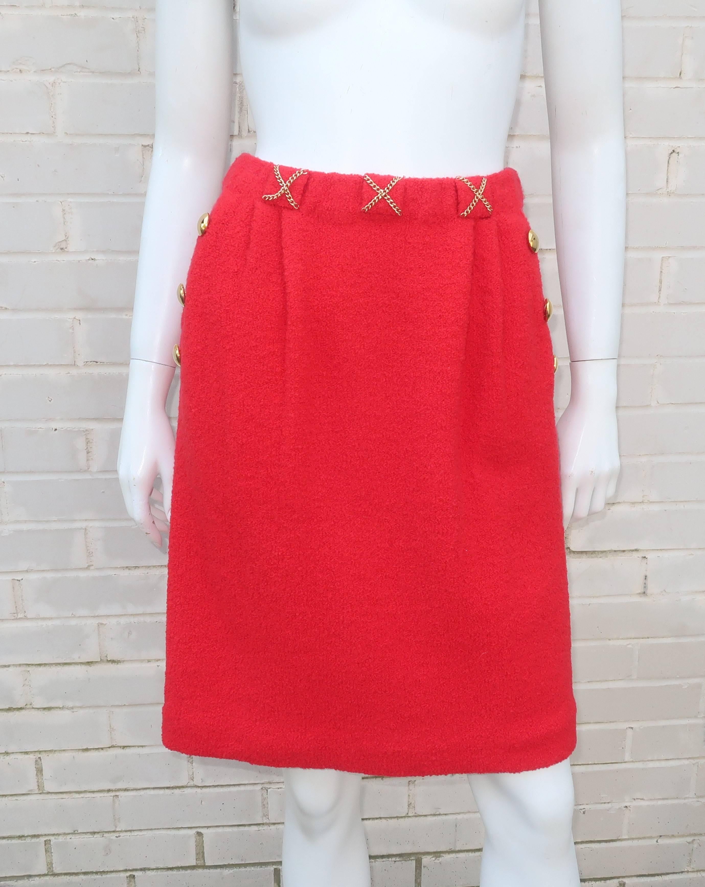 Adolfo Red Boucle Knit Skirt Suit With Chain Details, 1980s 6