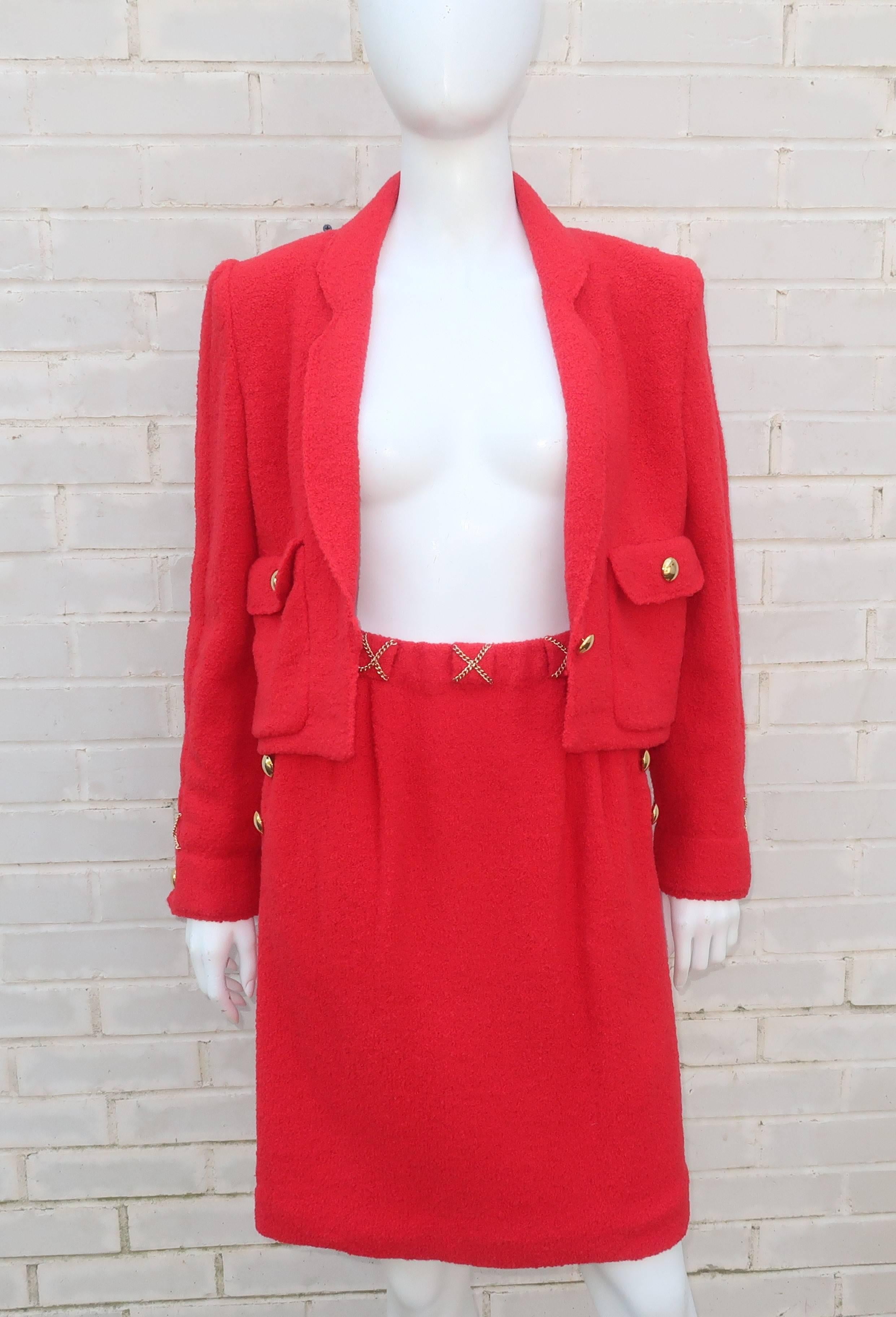 Adolfo Red Boucle Knit Skirt Suit With Chain Details, 1980s In Excellent Condition In Atlanta, GA