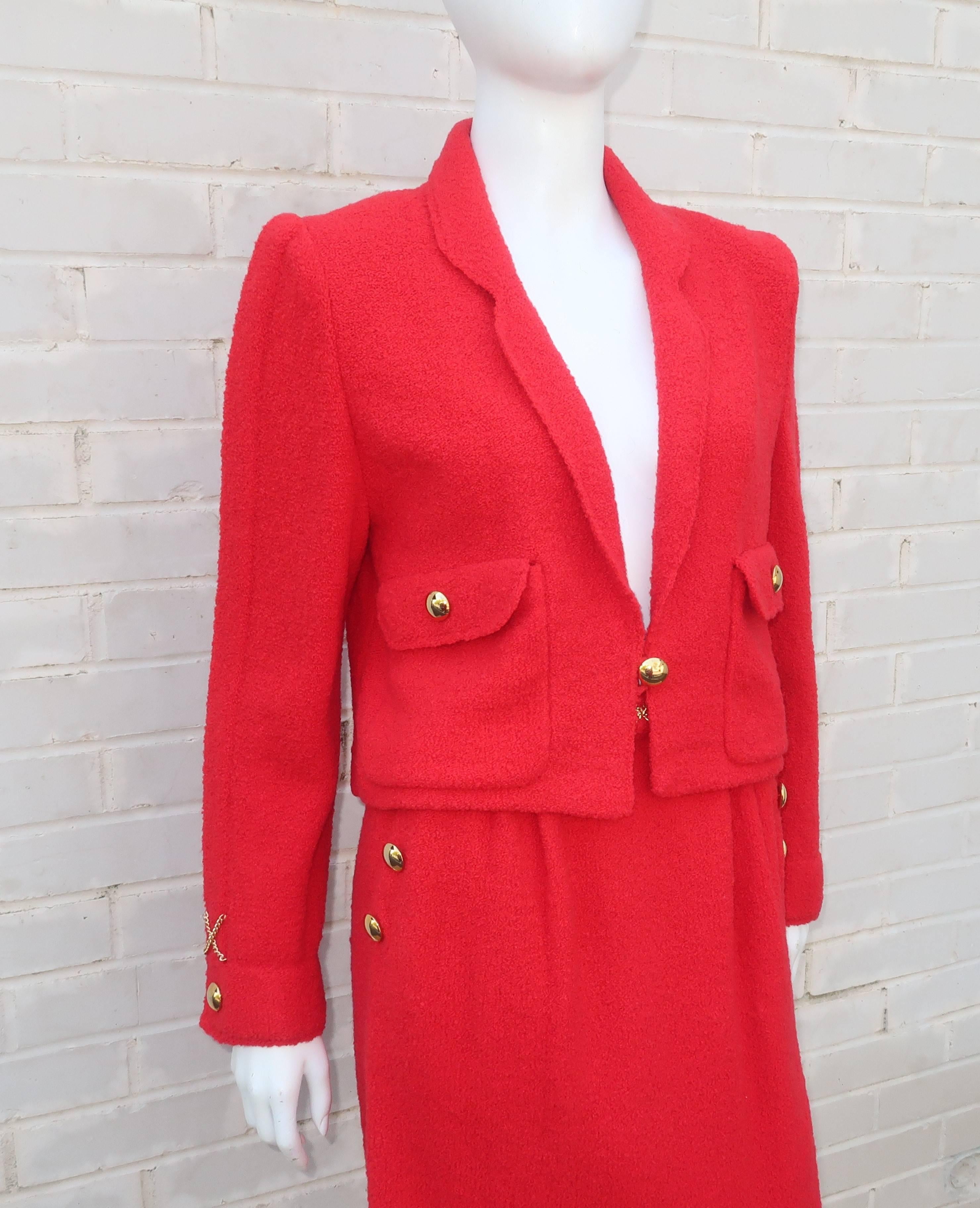 Women's Adolfo Red Boucle Knit Skirt Suit With Chain Details, 1980s