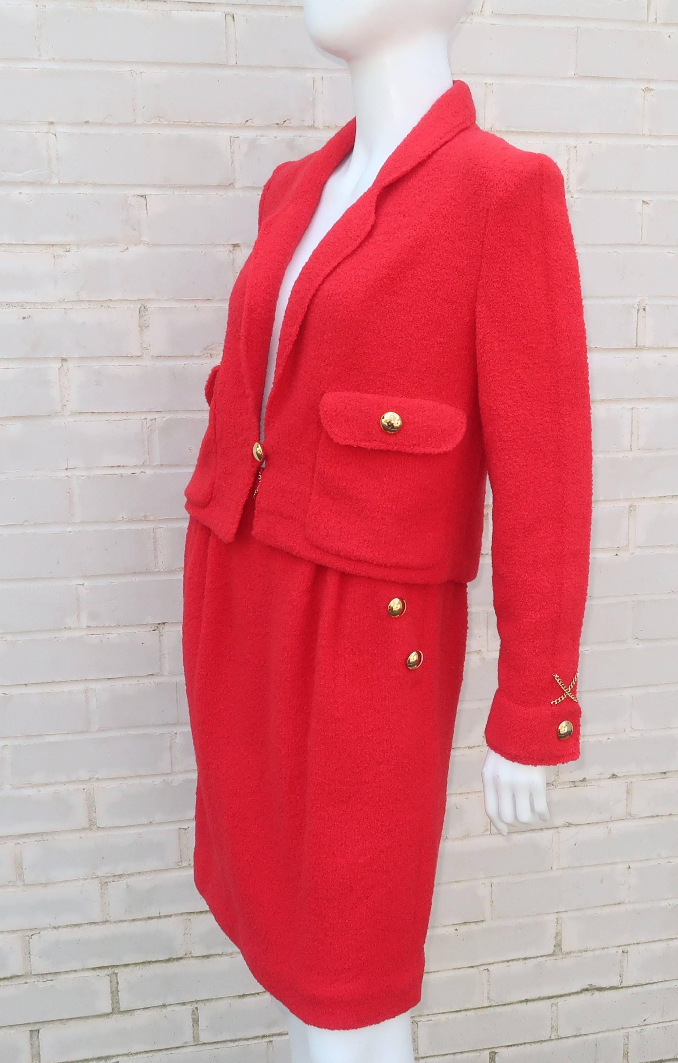Adolfo Red Boucle Knit Skirt Suit With Chain Details, 1980s 2