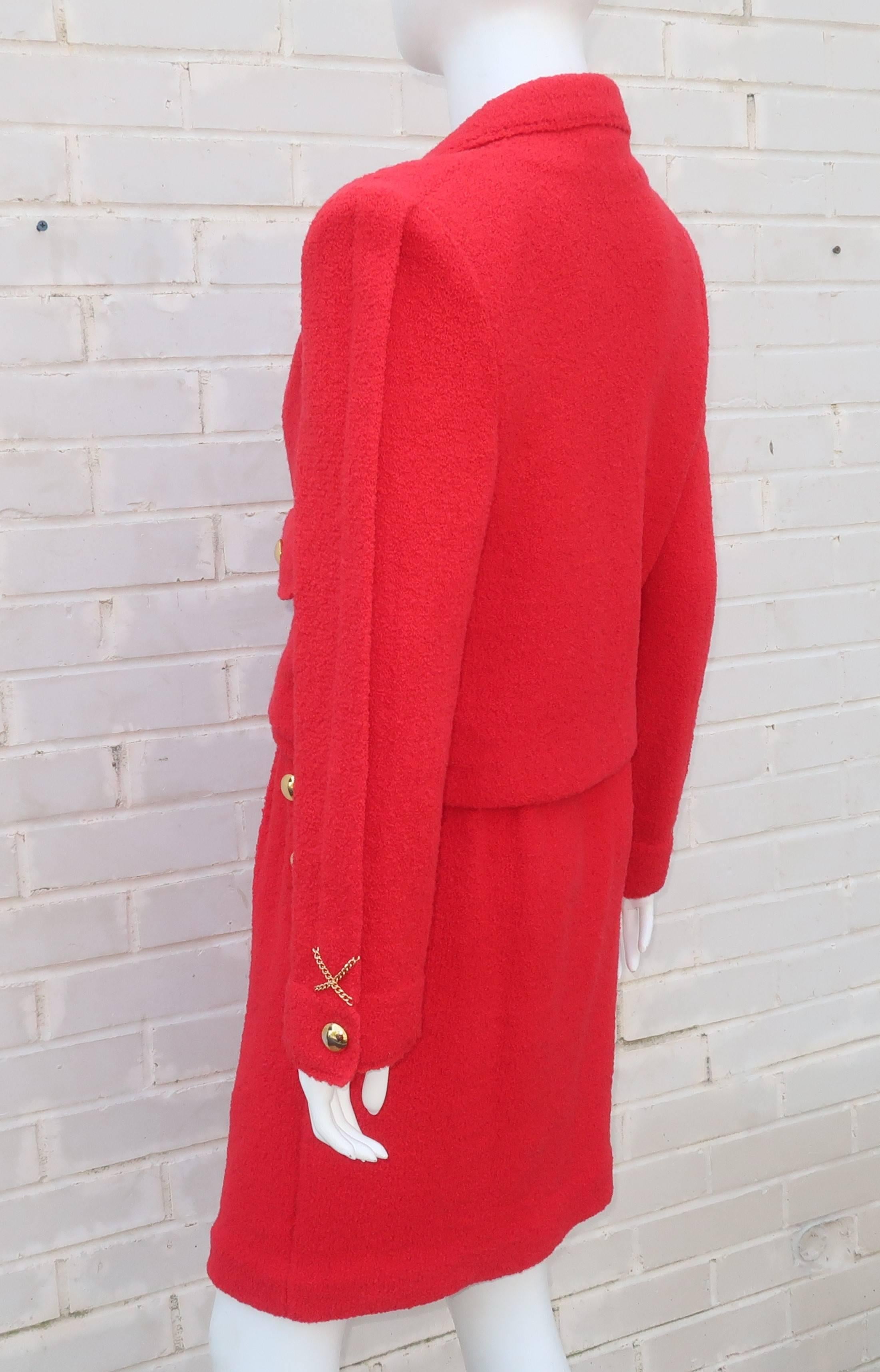 Adolfo Red Boucle Knit Skirt Suit With Chain Details, 1980s 3