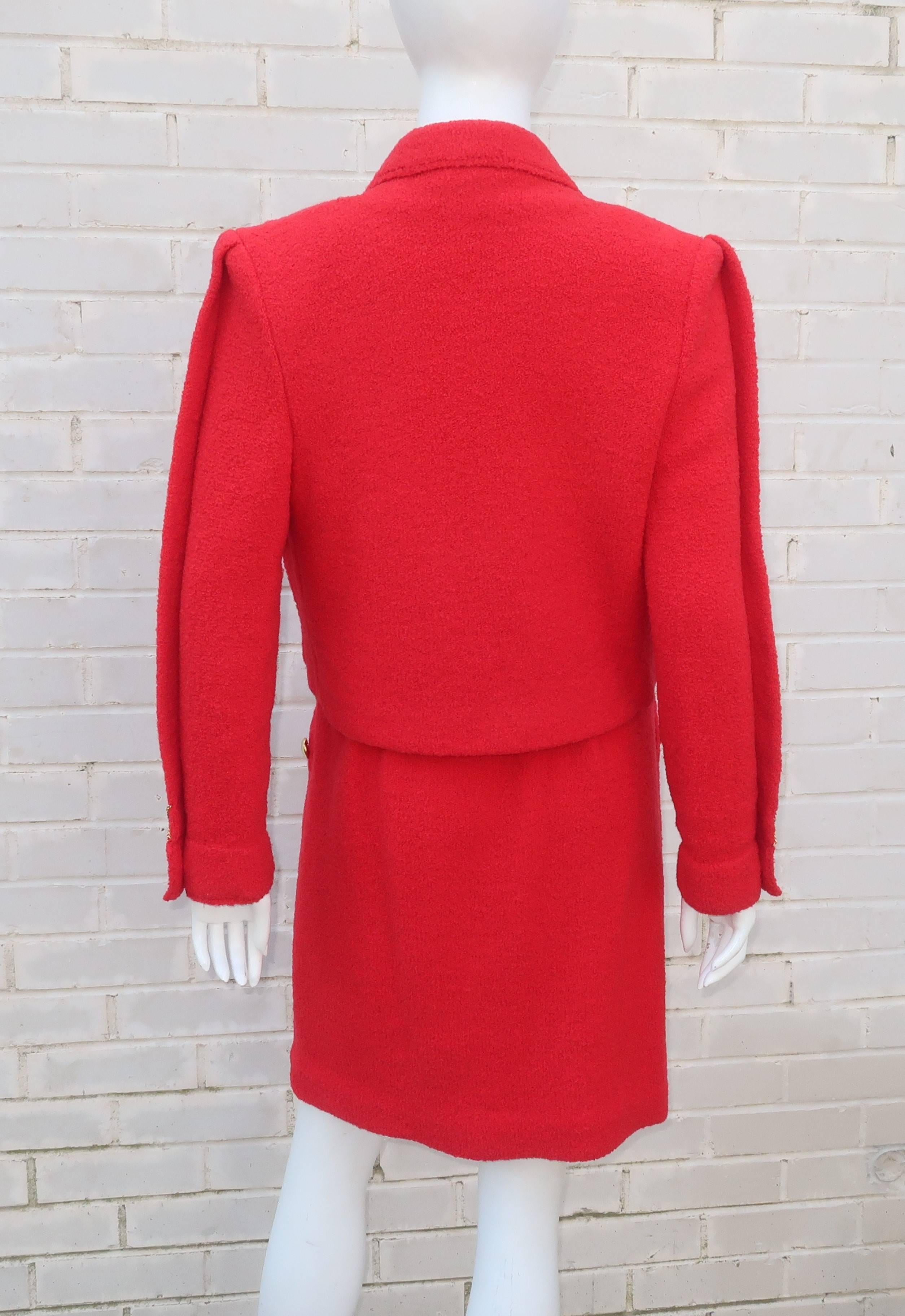 Adolfo Red Boucle Knit Skirt Suit With Chain Details, 1980s 4