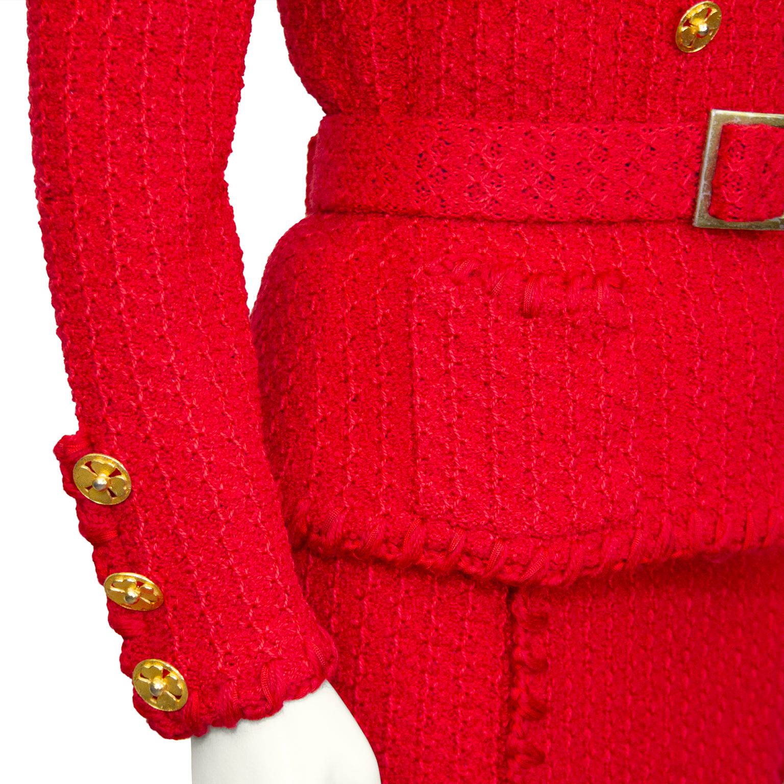 1980s Adolfo Red Wool Knit Skirt Suit In Fair Condition In Toronto, Ontario