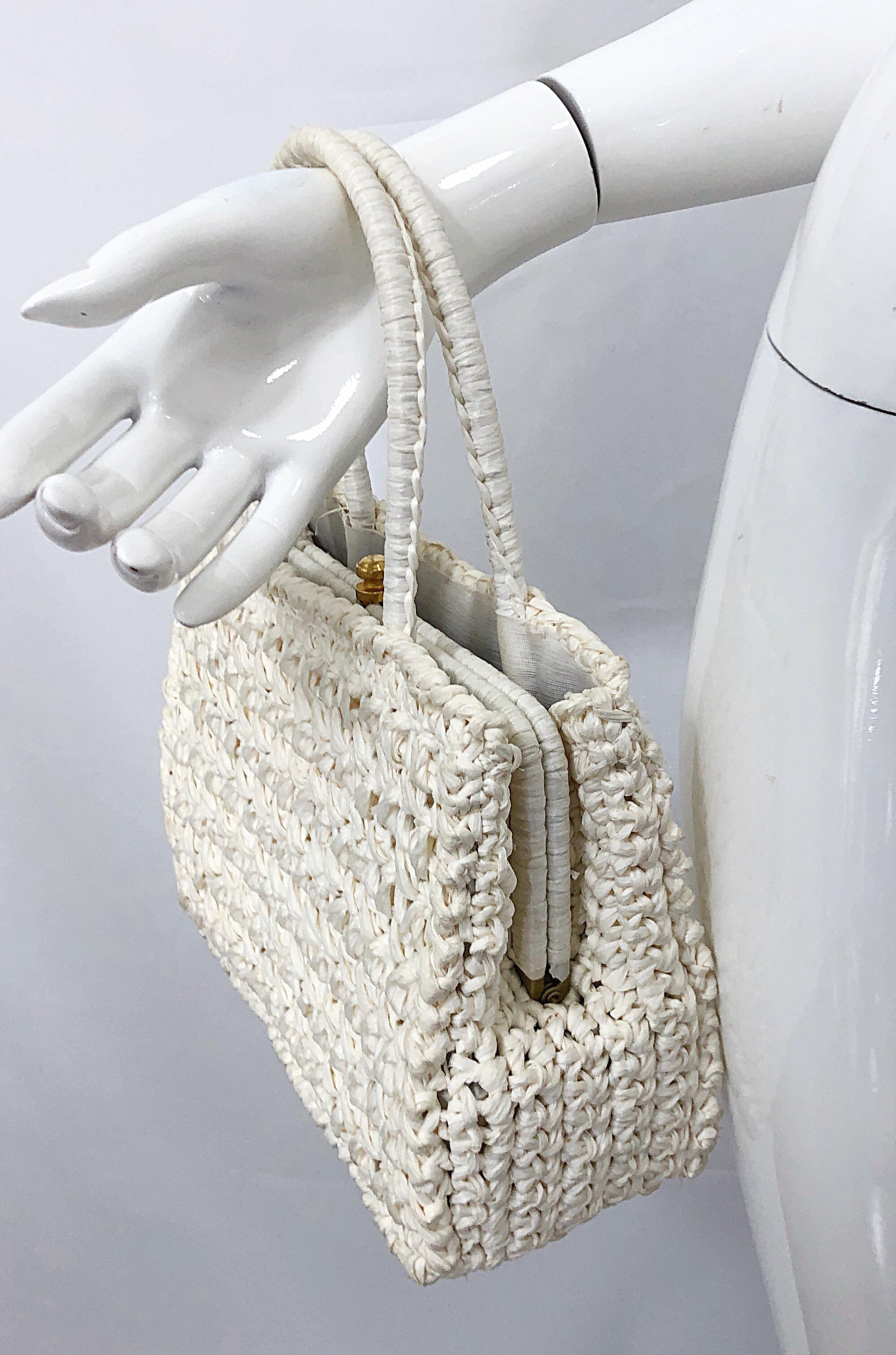 1980s Adoria Italian White Vintage Raffia Straw 80s Satchel Purse Hand Bag For Sale 1