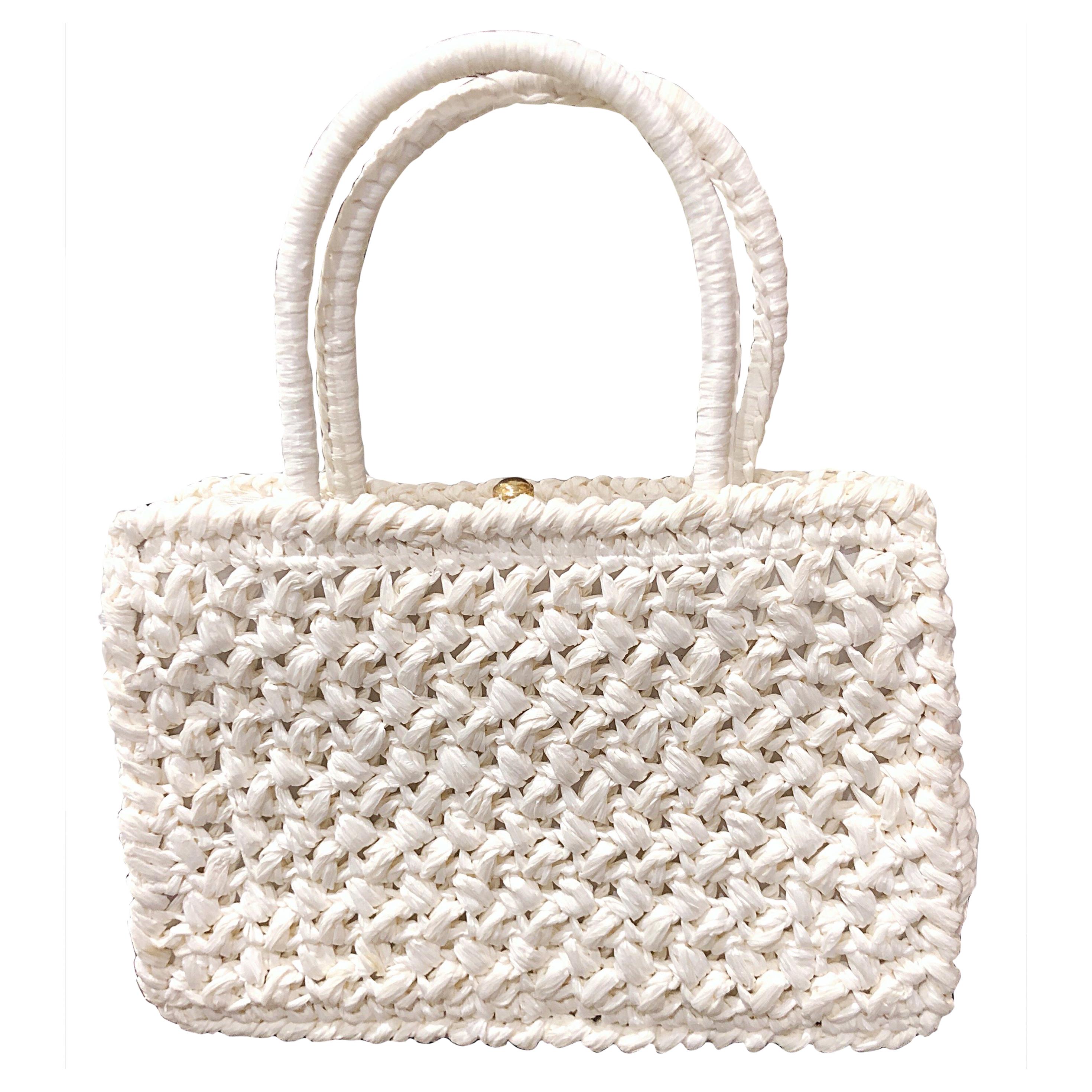1980s Adoria Italian White Vintage Raffia Straw 80s Satchel Purse Hand Bag