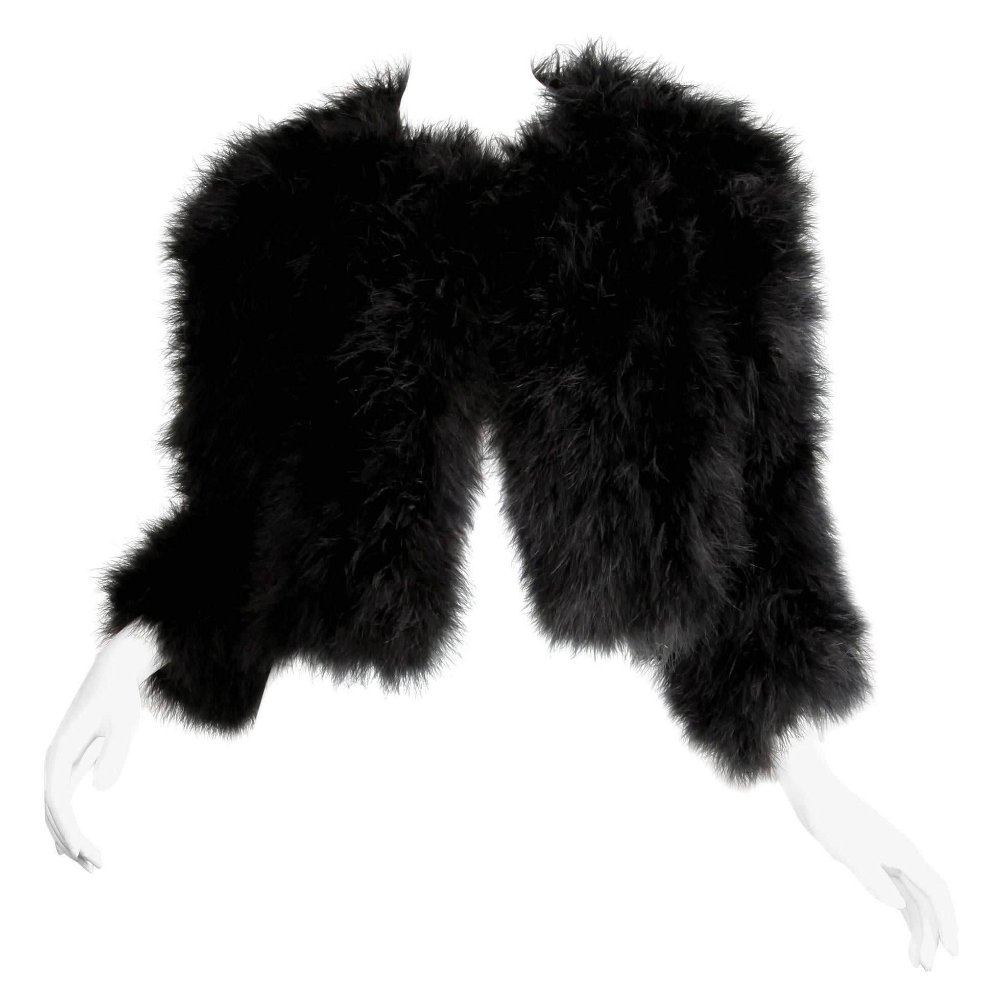 1980s Adrienne Landau Vintage Black Marabou Feather "Fur" Jacket For Sale