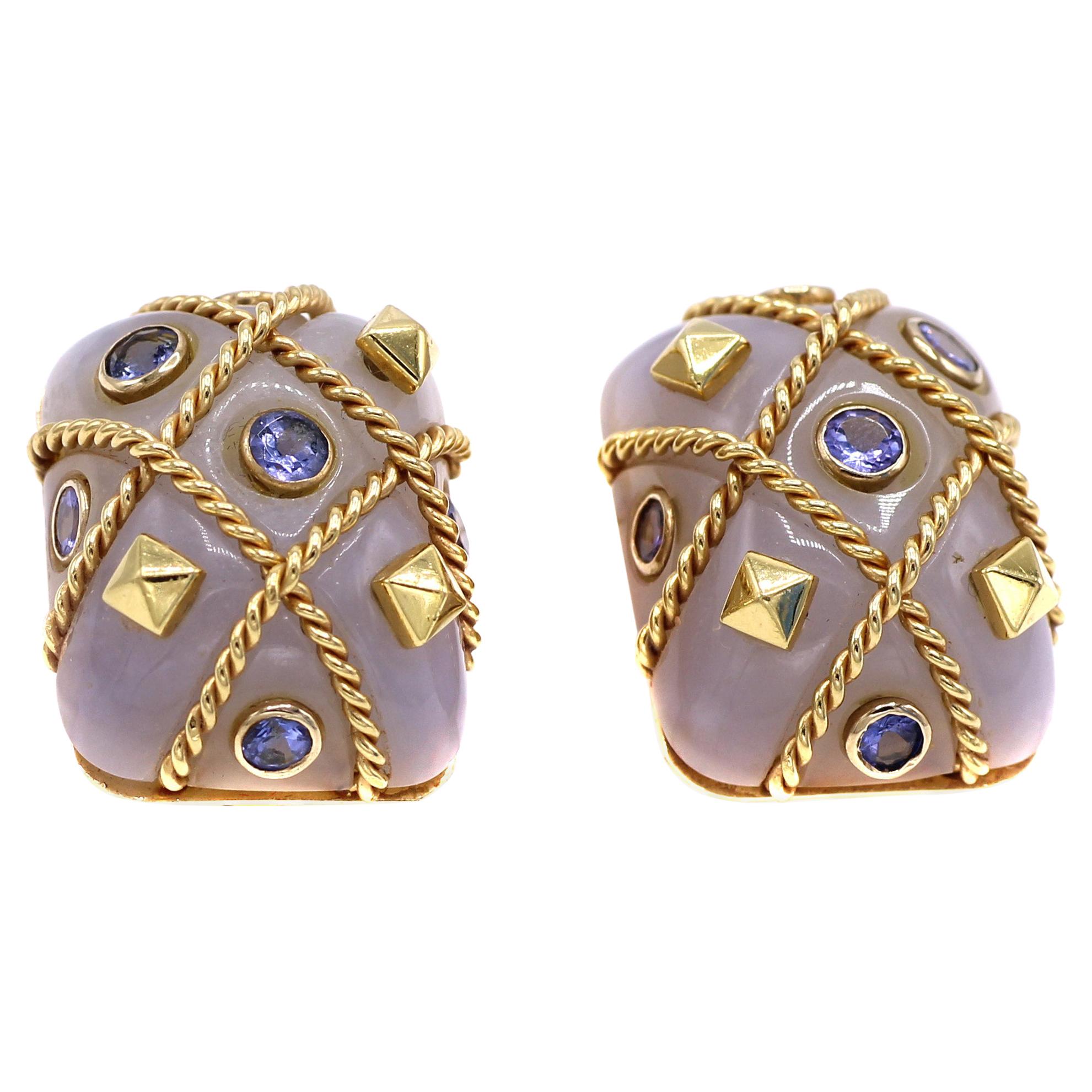 1980s Agate Sapphire 18 Karat Gold Cage Ear Clips