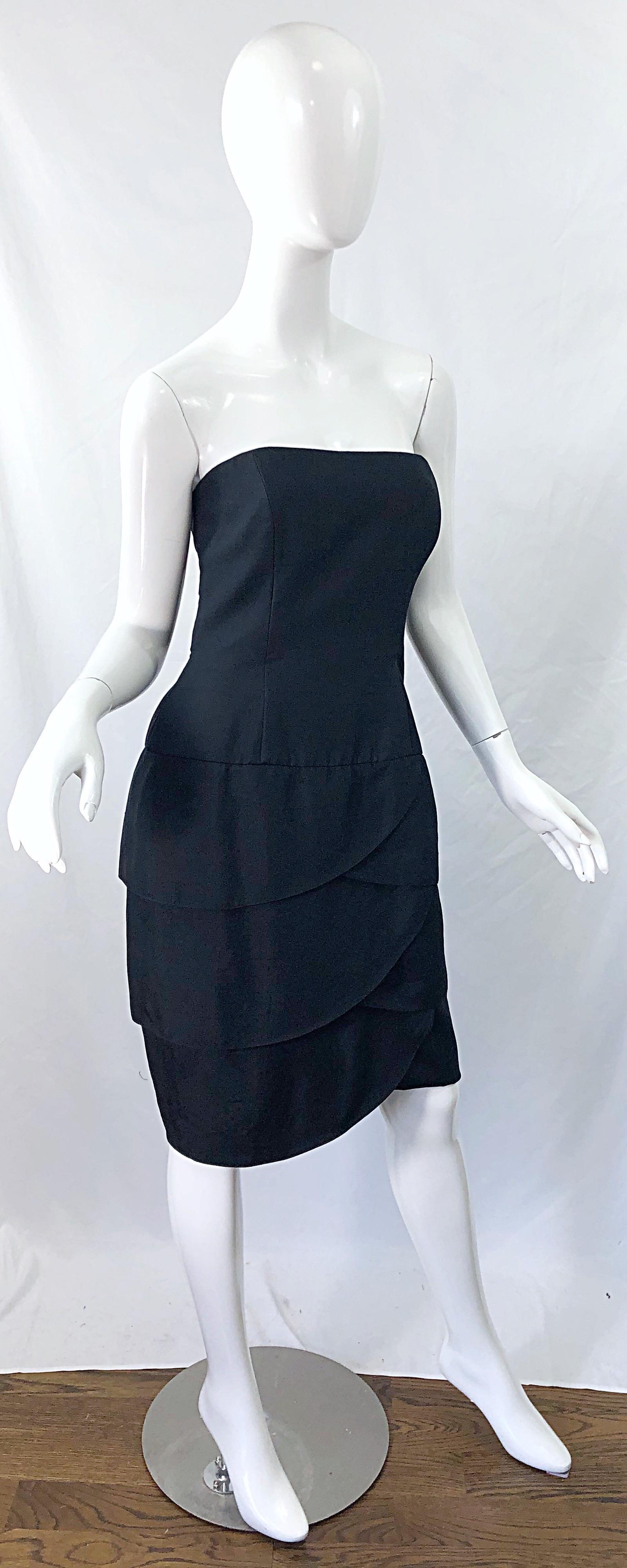 1980s A.J. Bari Lord & Taylor Size 10 / 12 Black Silk Strapless Cocktail Dress For Sale 3