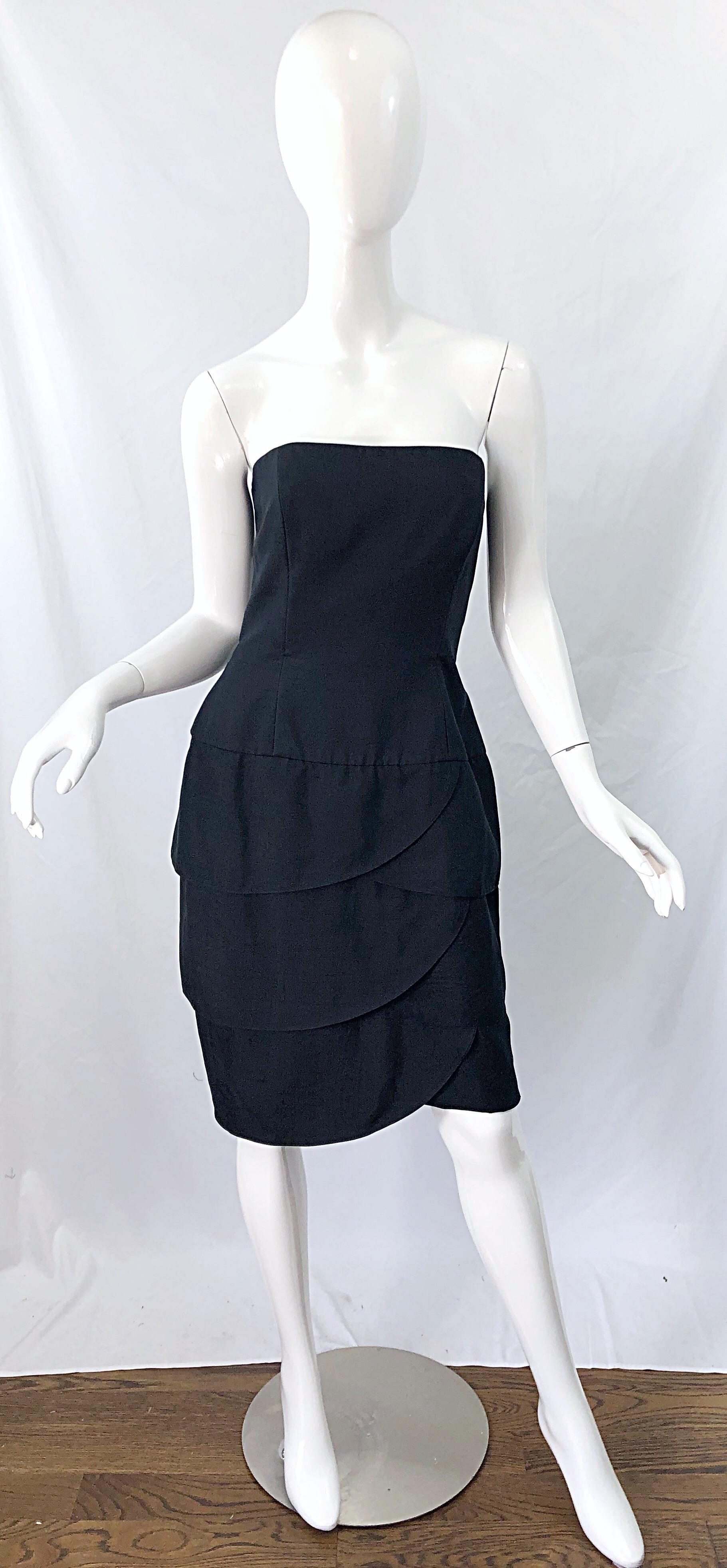 1980s A.J. Bari Lord & Taylor Size 10 / 12 Black Silk Strapless Cocktail Dress For Sale 5