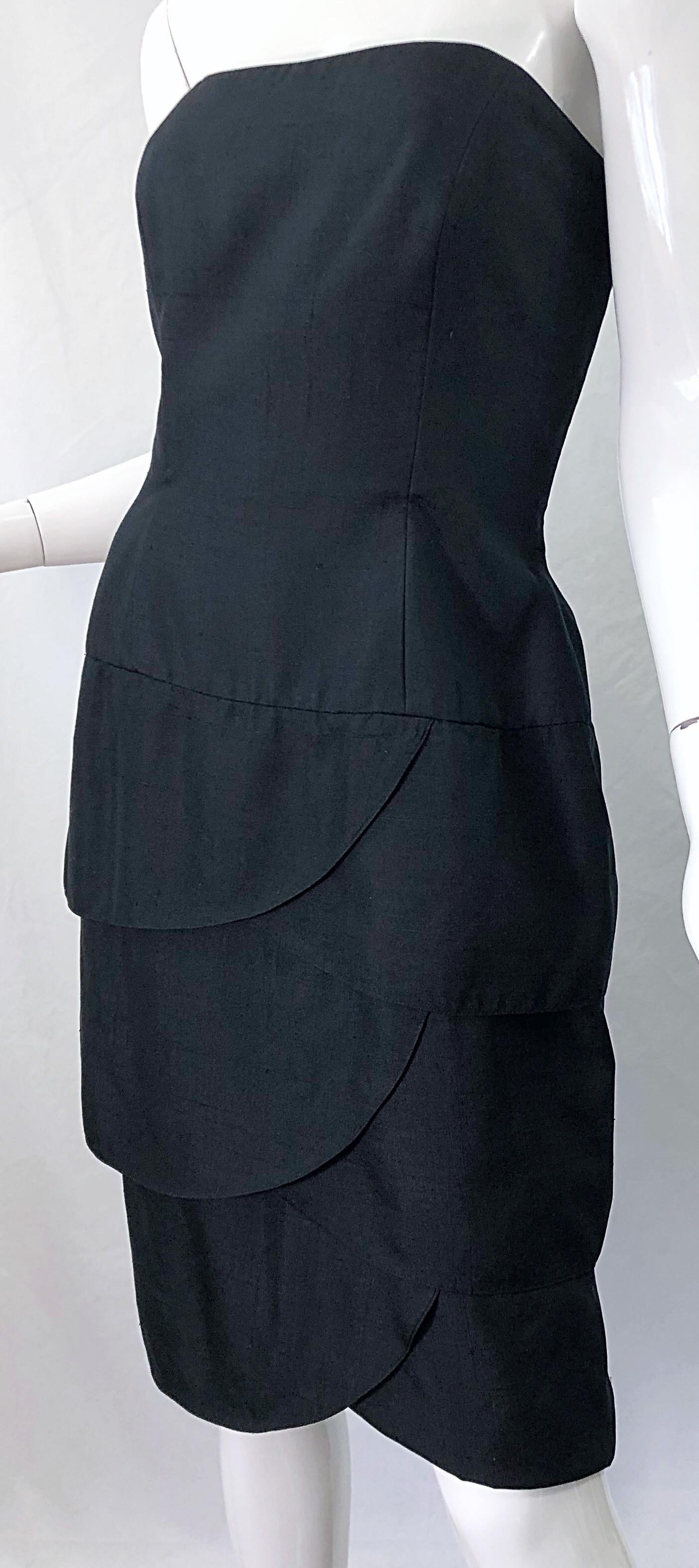 Women's 1980s A.J. Bari Lord & Taylor Size 10 / 12 Black Silk Strapless Cocktail Dress For Sale