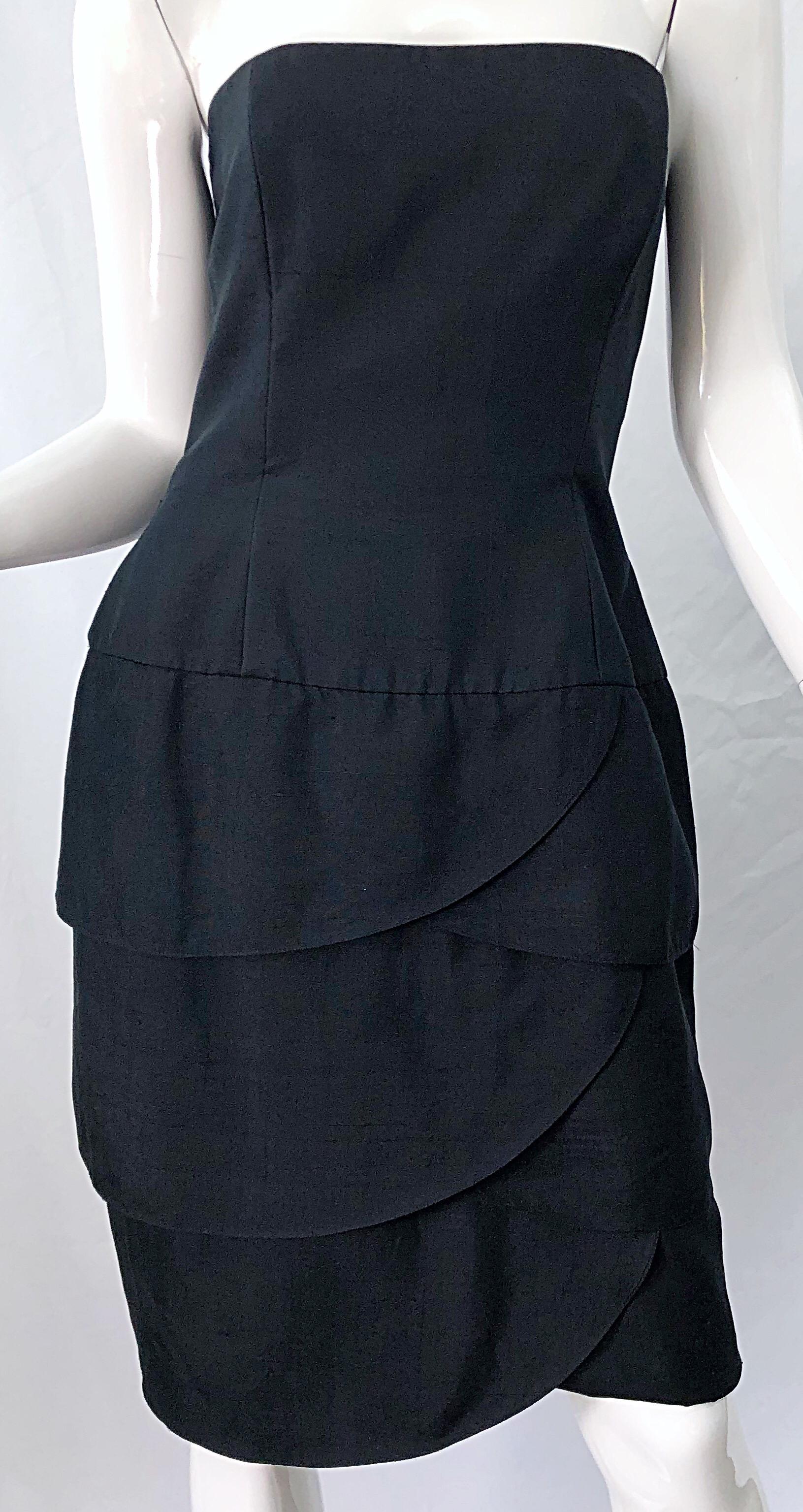 1980s A.J. Bari Lord & Taylor Size 10 / 12 Black Silk Strapless Cocktail Dress For Sale 1