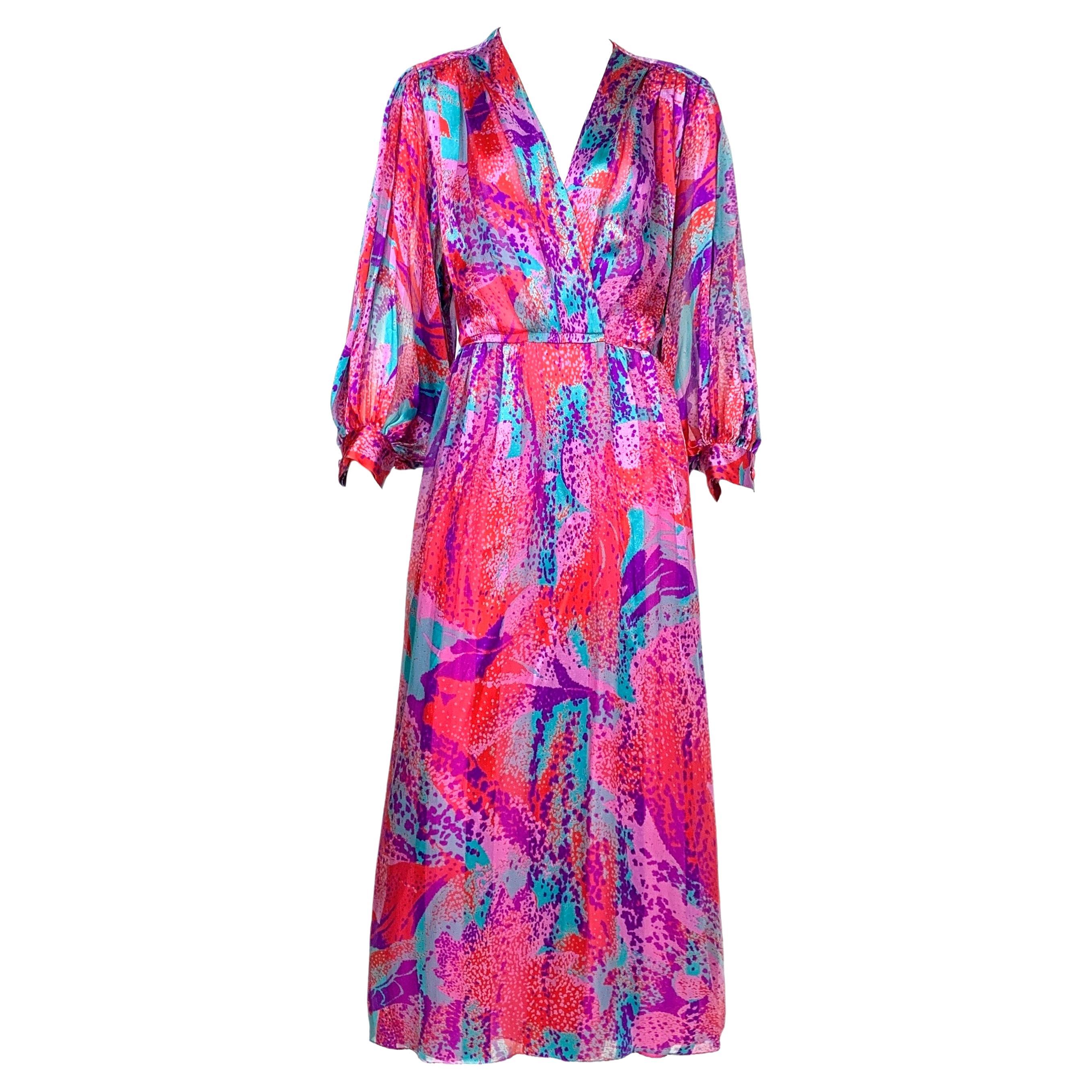 1980s Akris of Switzerland Multicolour Abstract Print Silk Maxi Dress