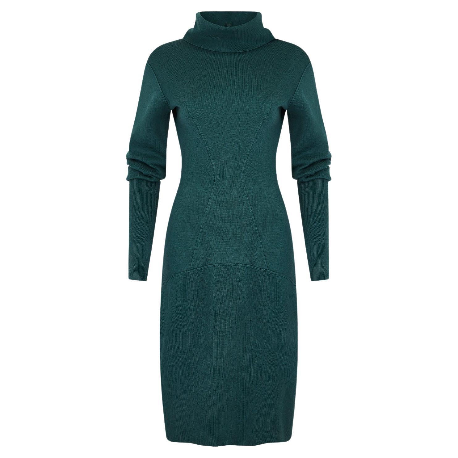 1980s Alaia Wool Teal Green Bodycon Dress For Sale