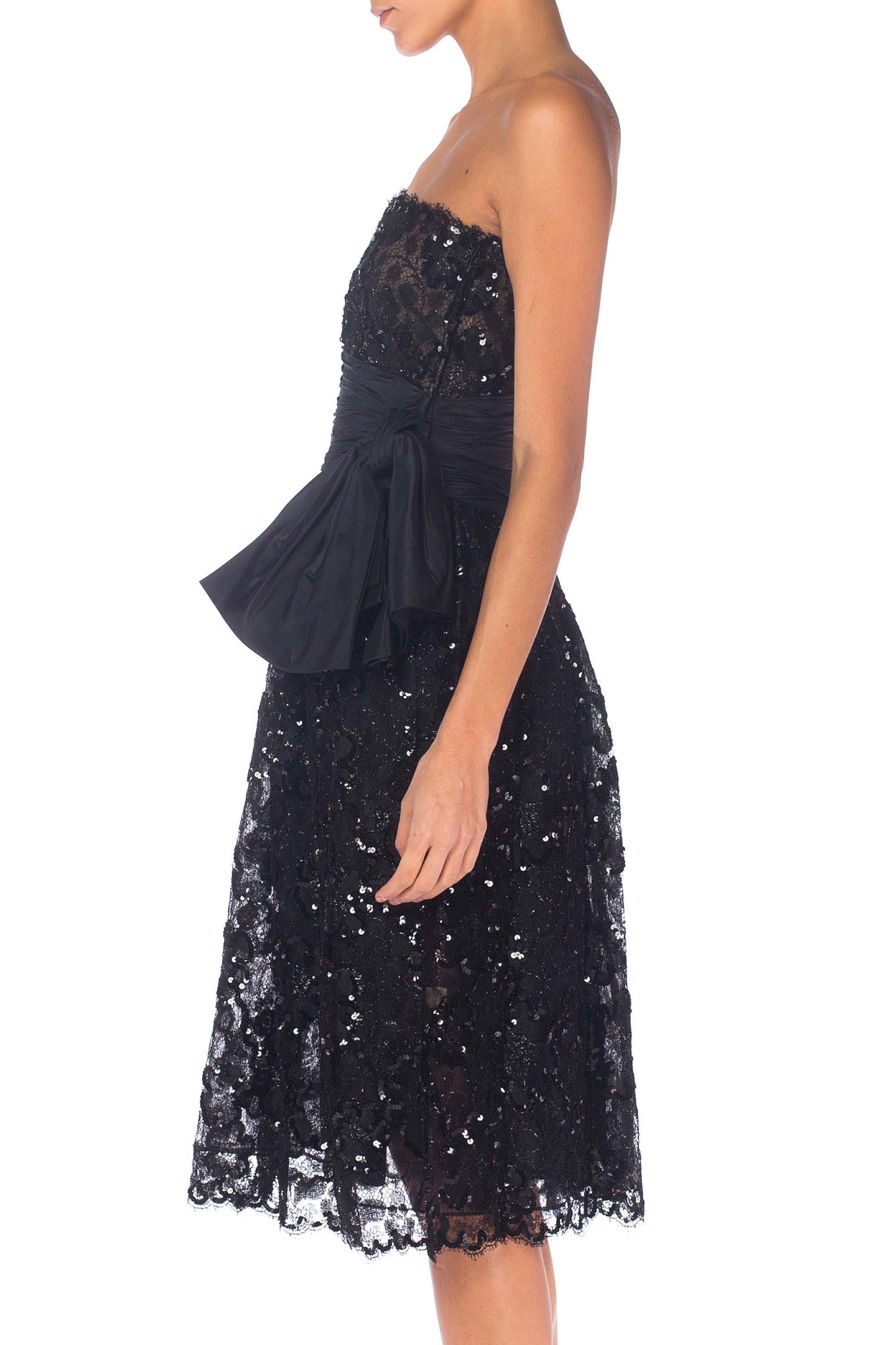 1980S ALBERT NIPON Black Beaded Rayon & Silk Lace Sequined Strapless Cocktail Dress With Taffeta Waist Bow