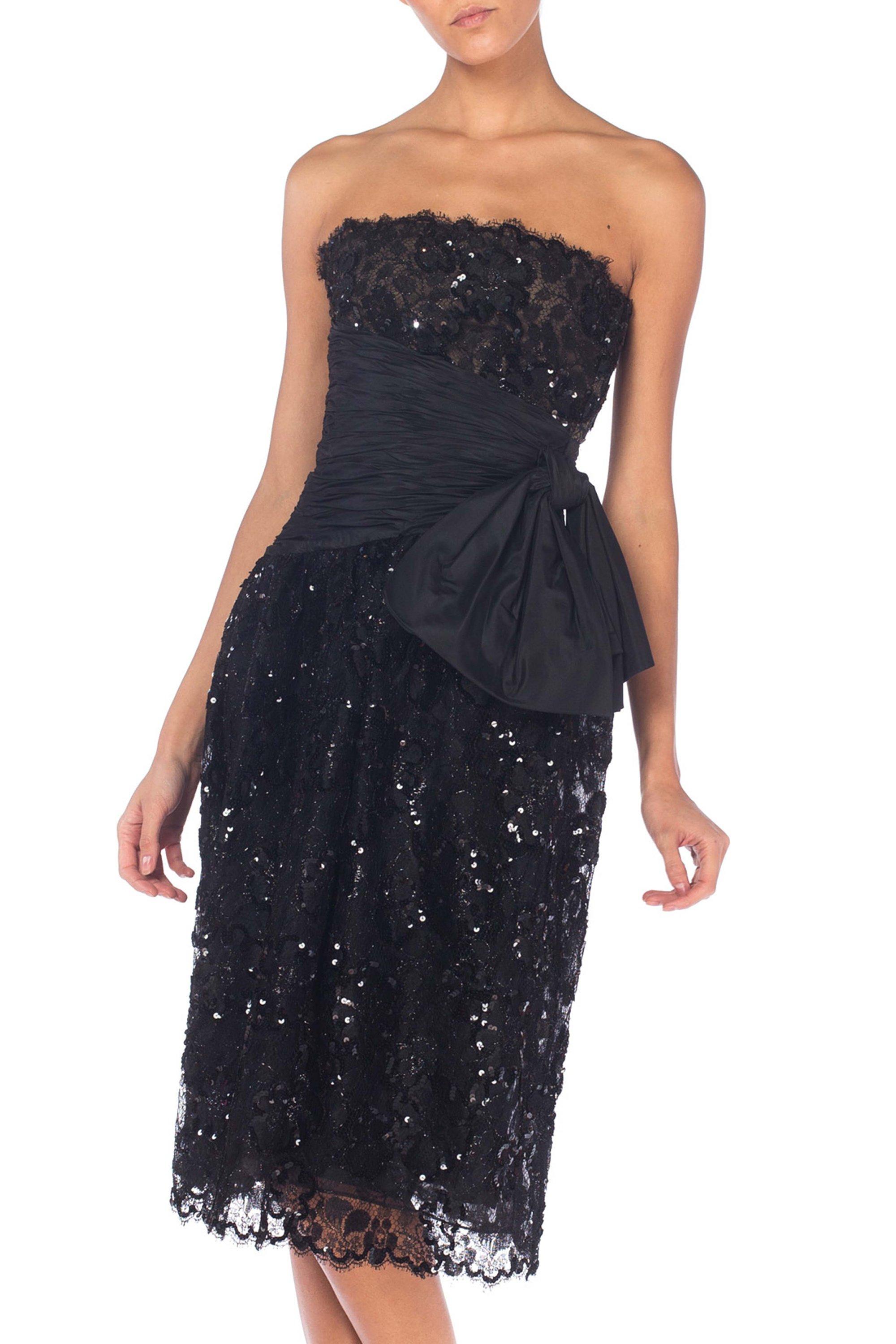 1980S ALBERT NIPON Black Beaded Rayon & Silk Lace Sequined Strapless Cocktail D For Sale 1