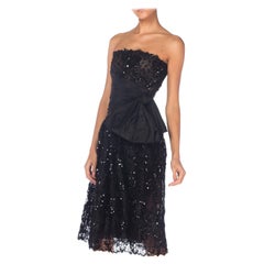 1980S ALBERT NIPON Cocktail senza spalline in rayon e pizzo di seta con perline nere D. A.