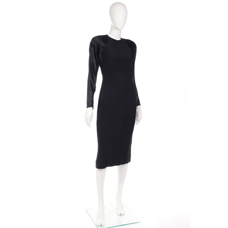 1980s Albert Nipon Black Satin Dress w/ Rhinestone Buttons For Sale 1