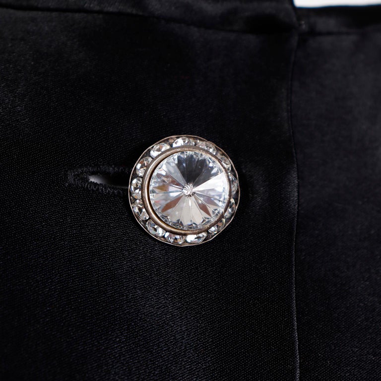1980s Albert Nipon Black Satin Dress w/ Rhinestone Buttons For Sale 4