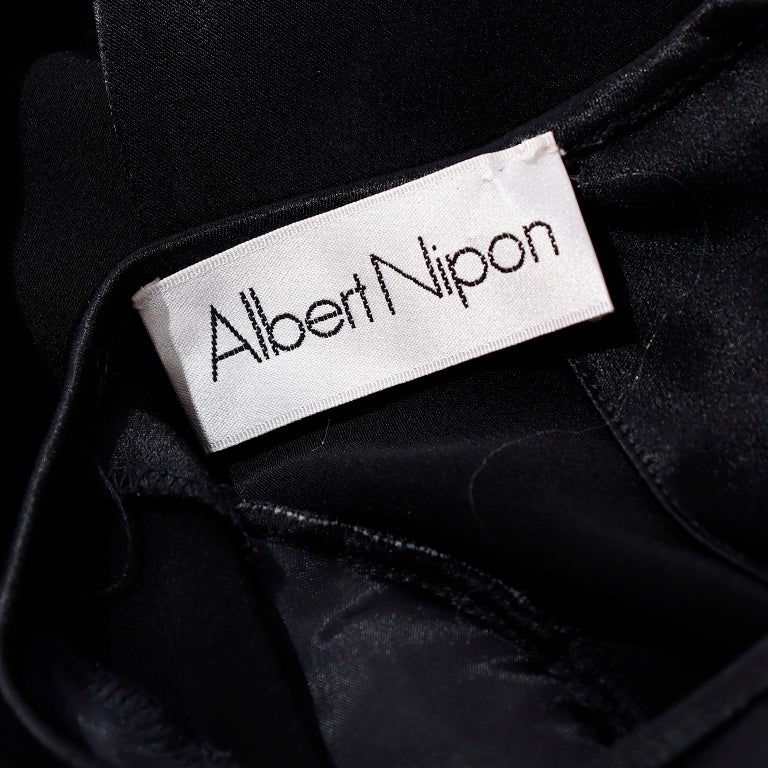 1980s Albert Nipon Black Satin Dress w/ Rhinestone Buttons For Sale 5