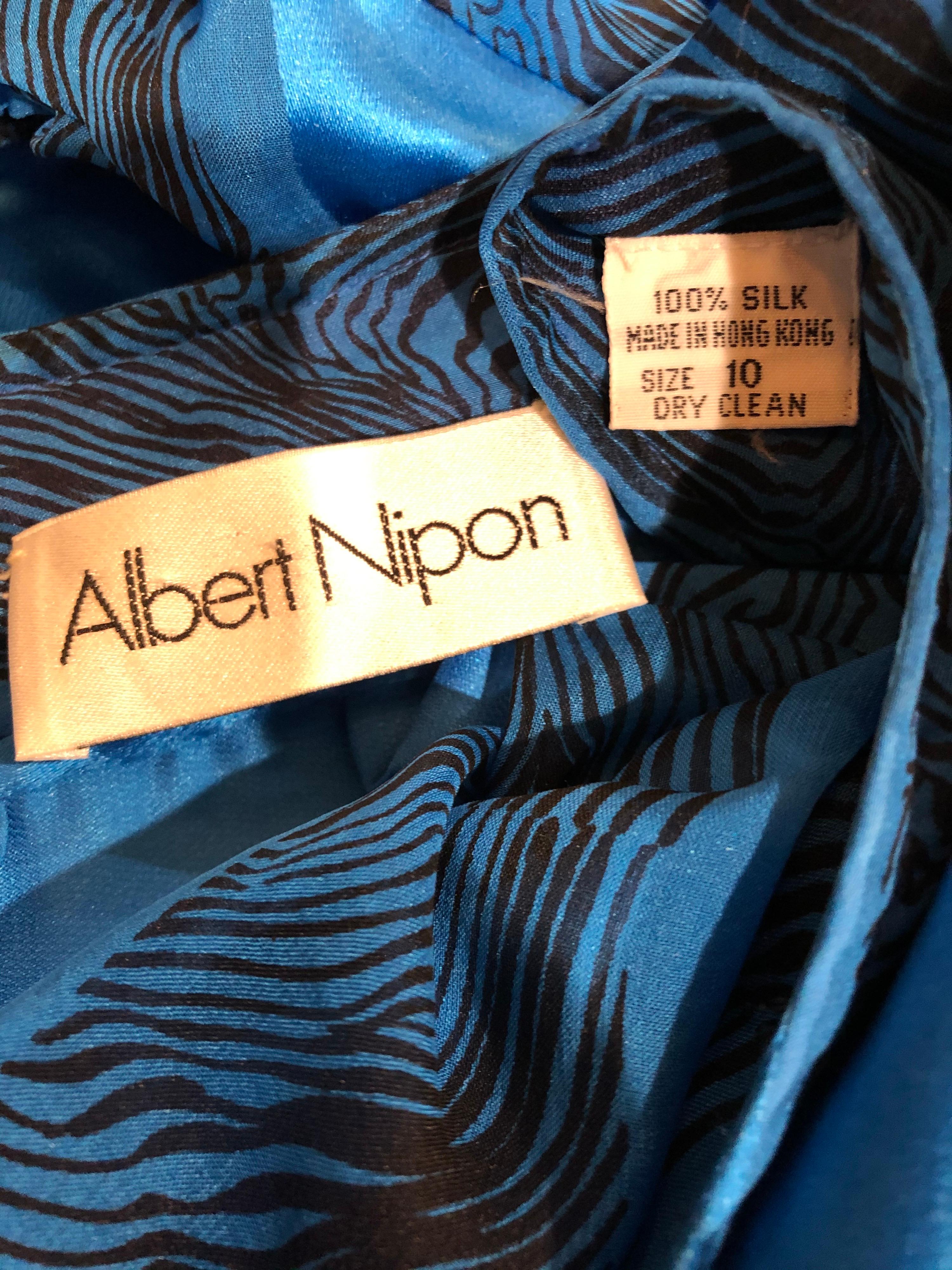 Women's 1980s Albert Nipon Size 10 Blue Silk Abstract Stiped Vintage 80s Belted Dress For Sale