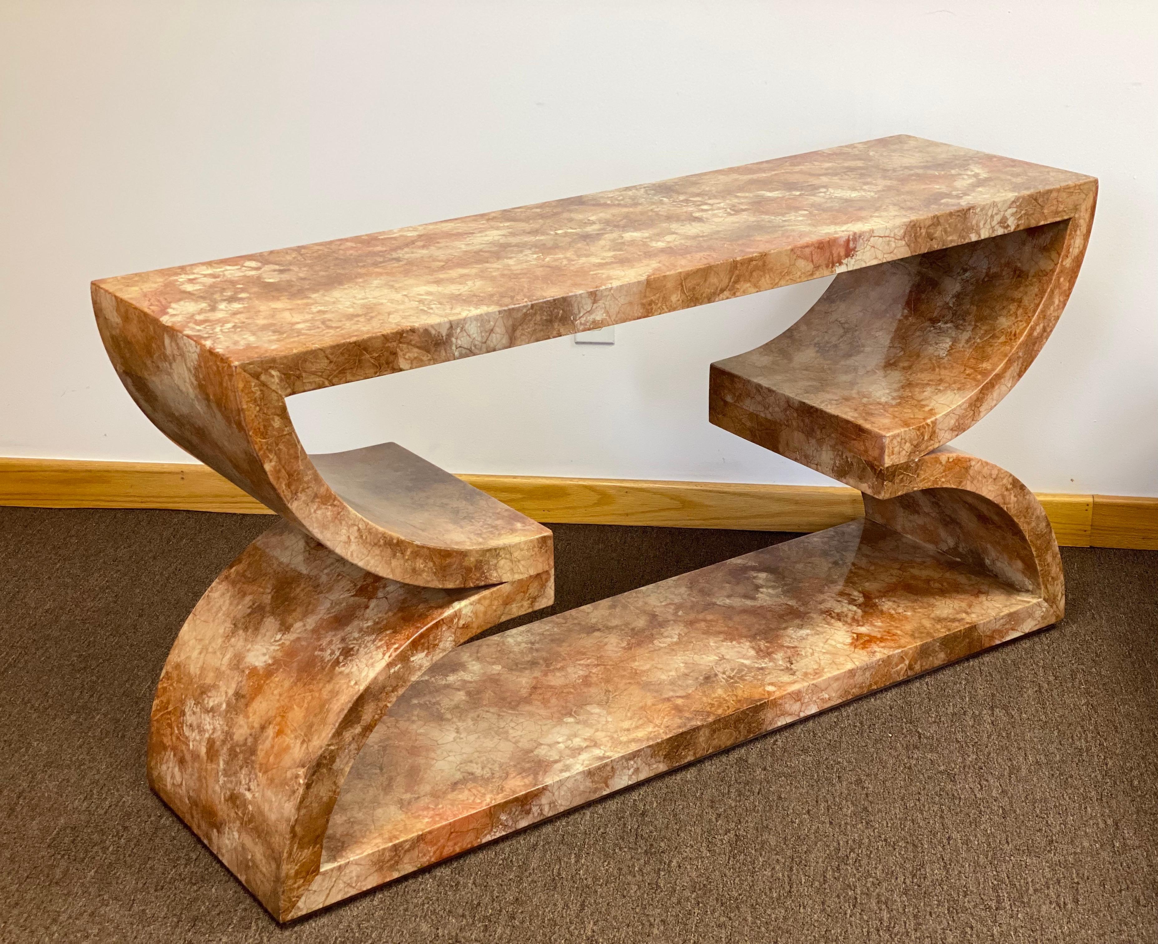 Modern 1980s Alessandro for Baker Faux Lacquered Marble Sculptural Console Table 