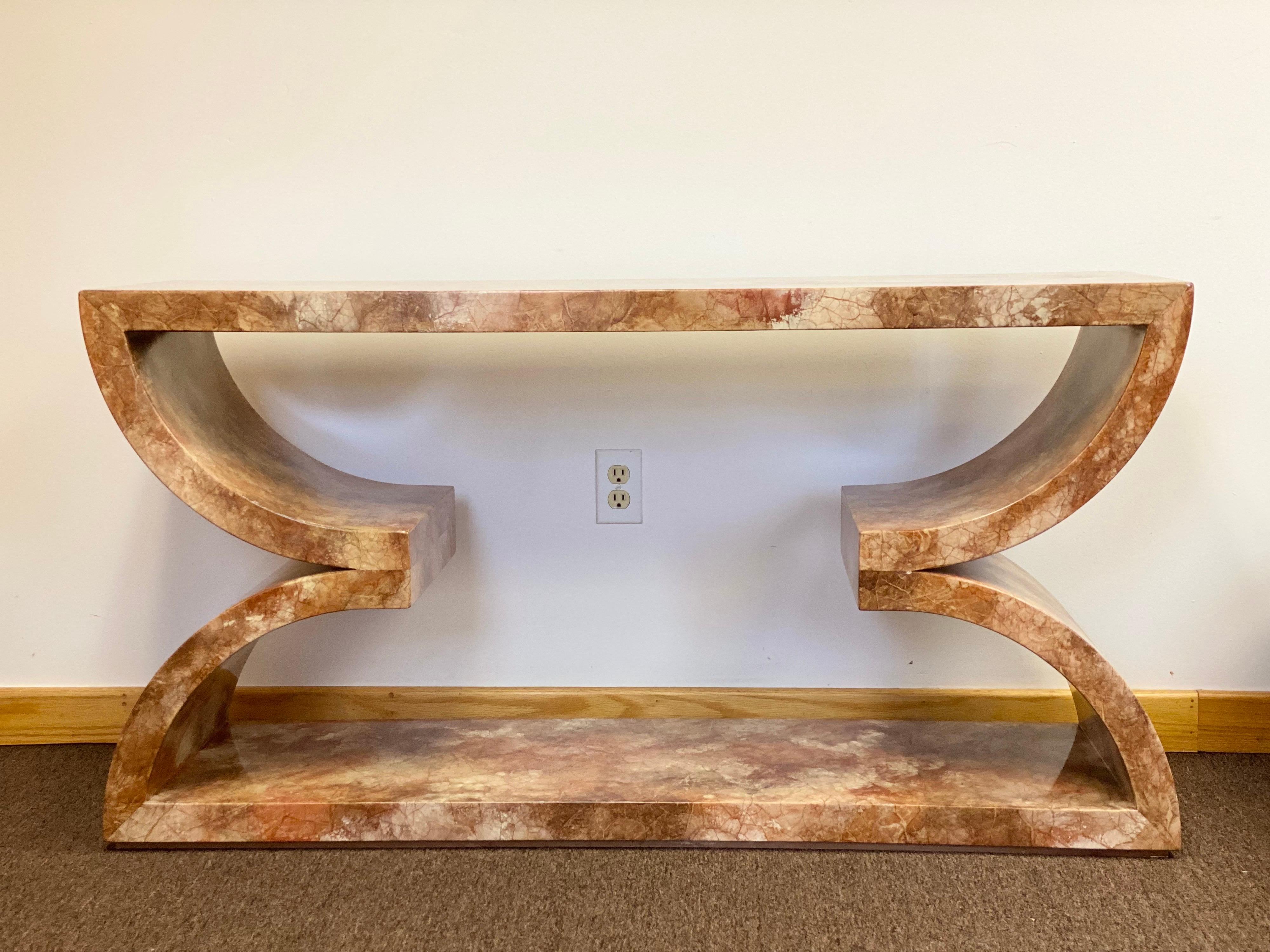 North American 1980s Alessandro for Baker Faux Lacquered Marble Sculptural Console Table 