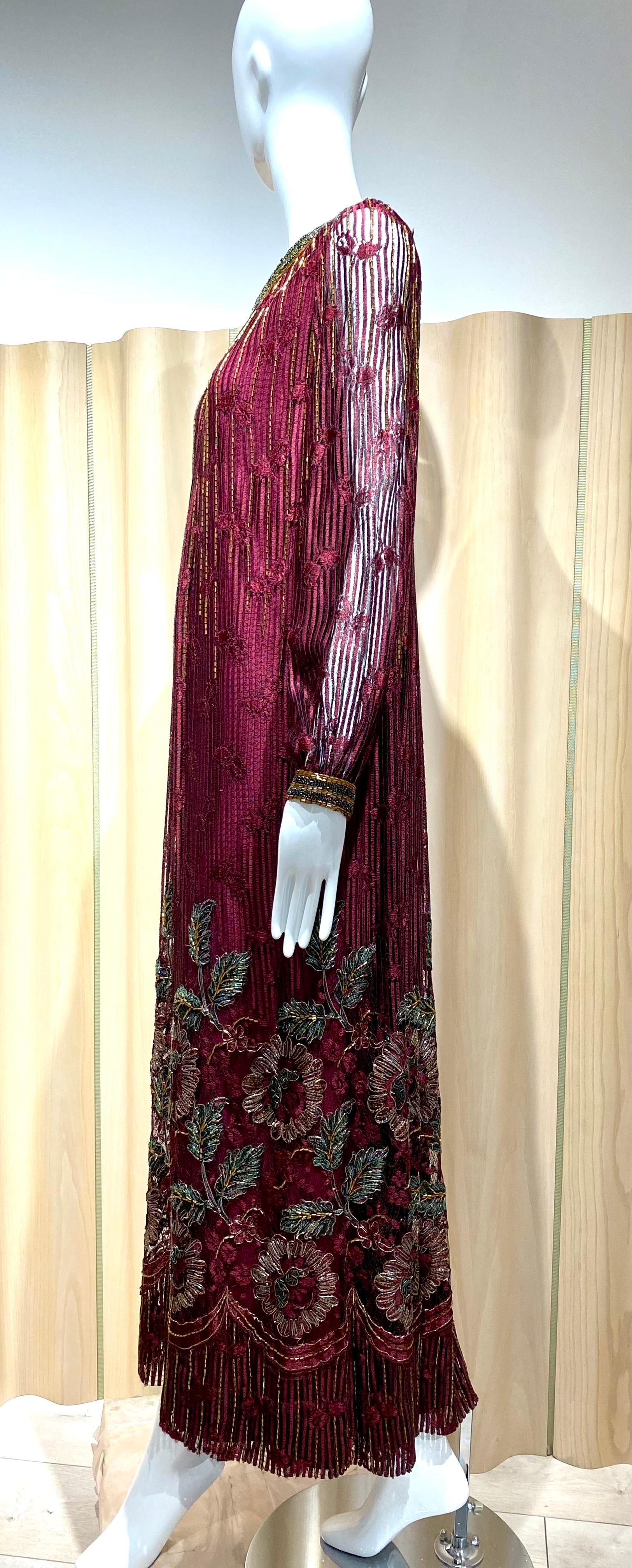 1980s ALFRED BOSAND Burgundy Lace Maxi Gown In Excellent Condition For Sale In Beverly Hills, CA