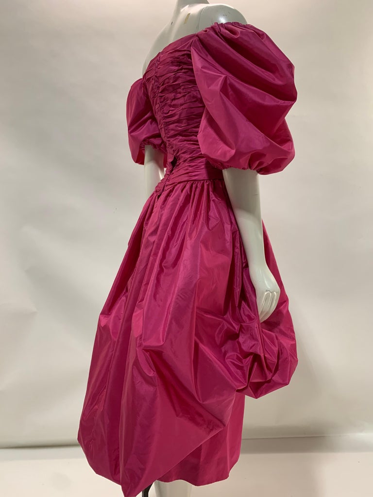 Women's 1980s Alfred Bosand Hot Pink Taffeta Bubble Cocktail Dress w/ Voluminous Sleeve For Sale