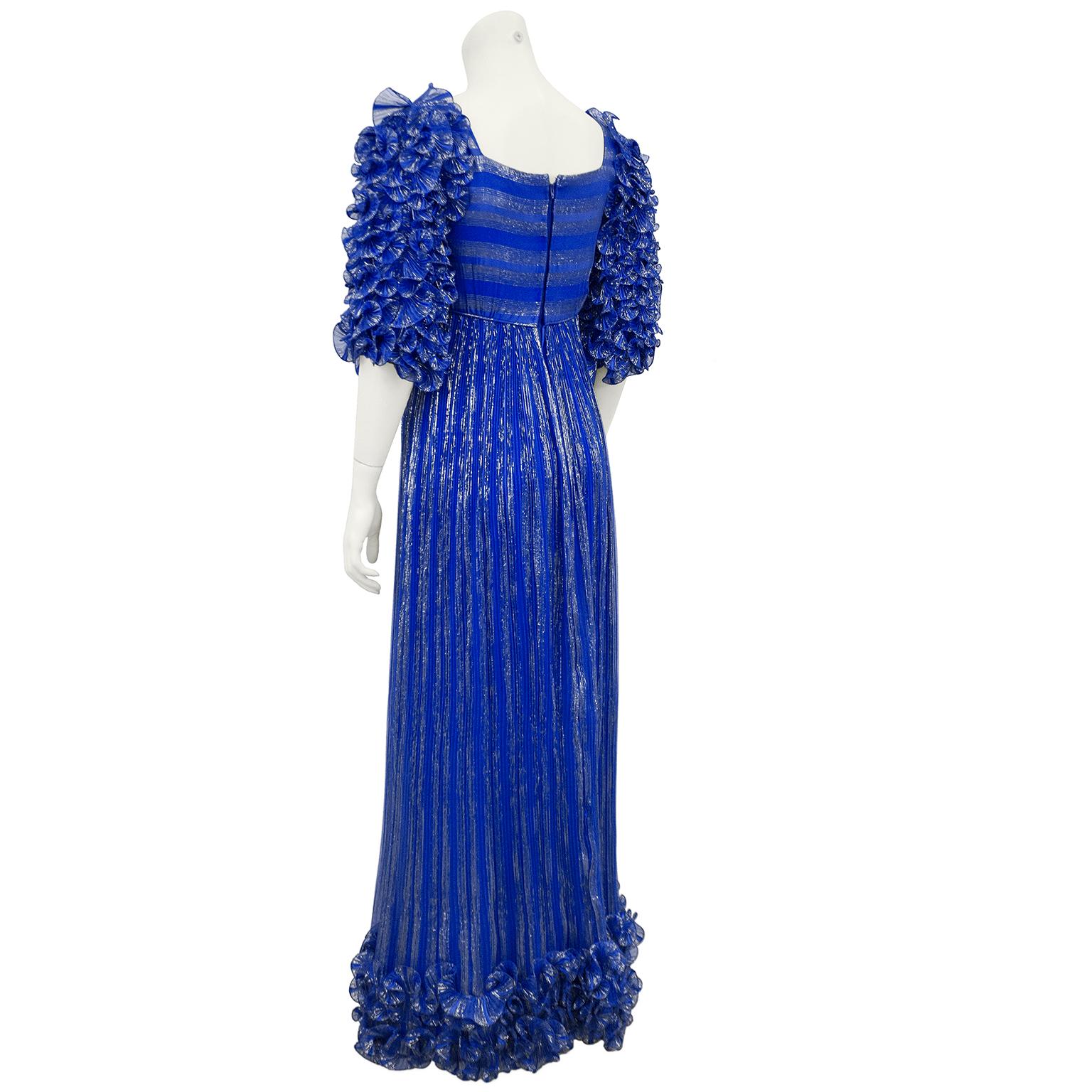 1980's Alfred Bosand Royal Blue and Gold Dynasty Inspired Column Gown In Good Condition For Sale In Toronto, Ontario