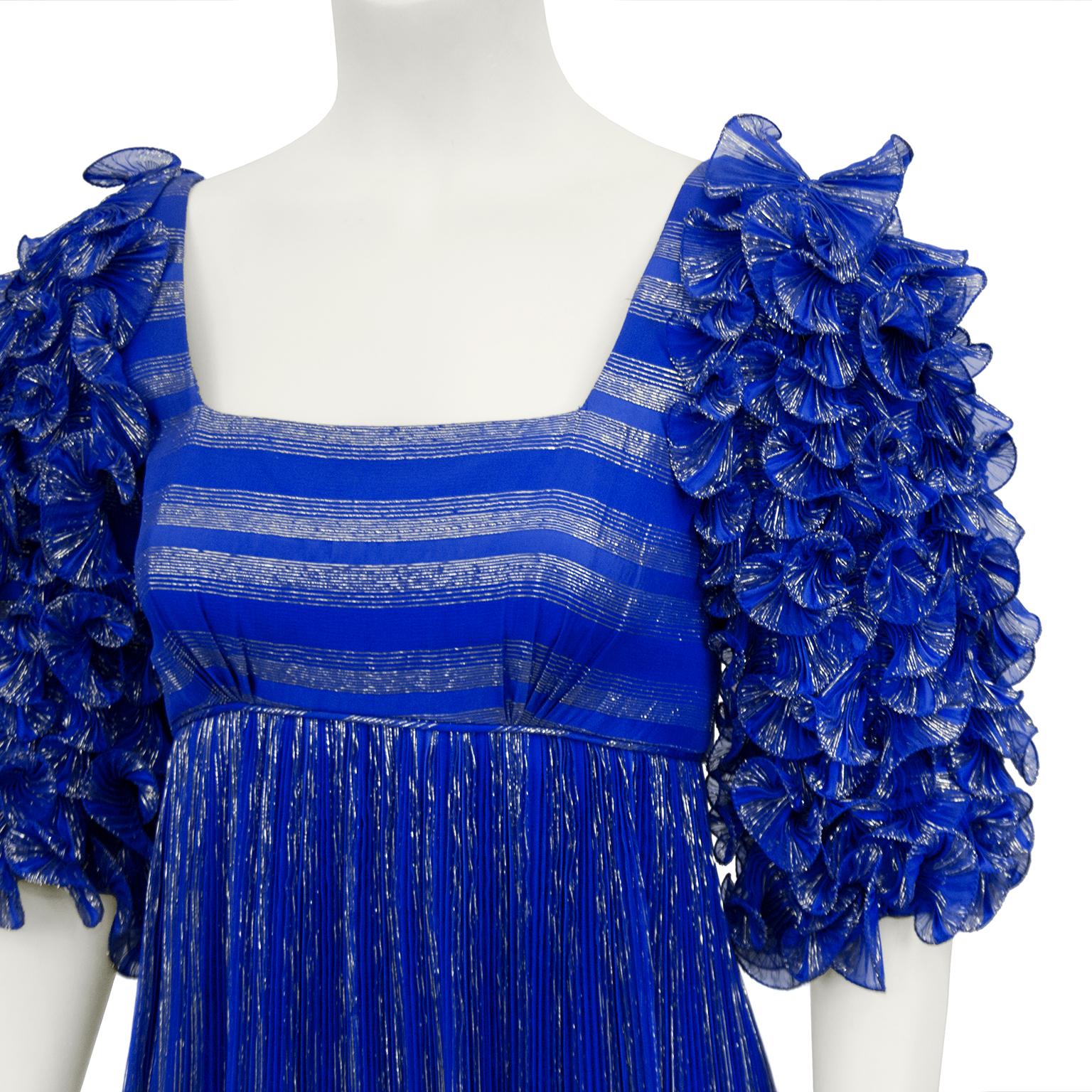 Women's 1980's Alfred Bosand Royal Blue and Gold Dynasty Inspired Column Gown For Sale