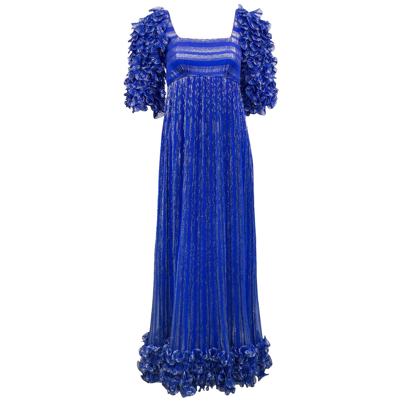 1980's Alfred Bosand Royal Blue and Gold Dynasty Inspired Column Gown For Sale