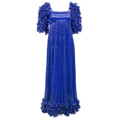 1980's Alfred Bosand Royal Blue and Gold Dynasty Inspired Column Gown